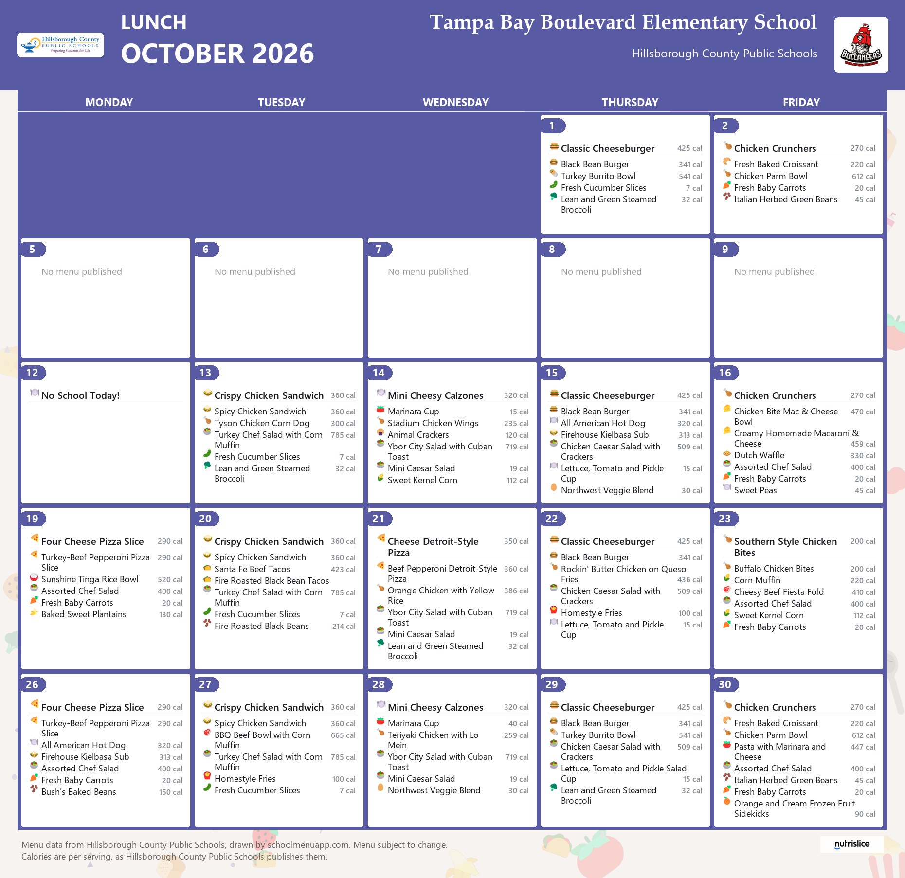 Tampa Bay Boulevard Elementary School lunch menu for October 2026 &mdash; Hillsborough County Public Schools