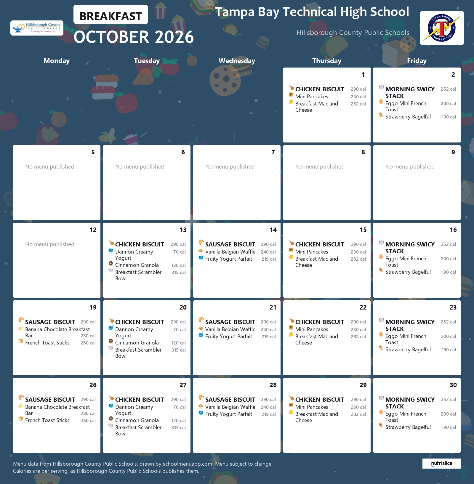 Tampa Bay Technical High School breakfast menu for October 2026 &mdash; Hillsborough County Public Schools