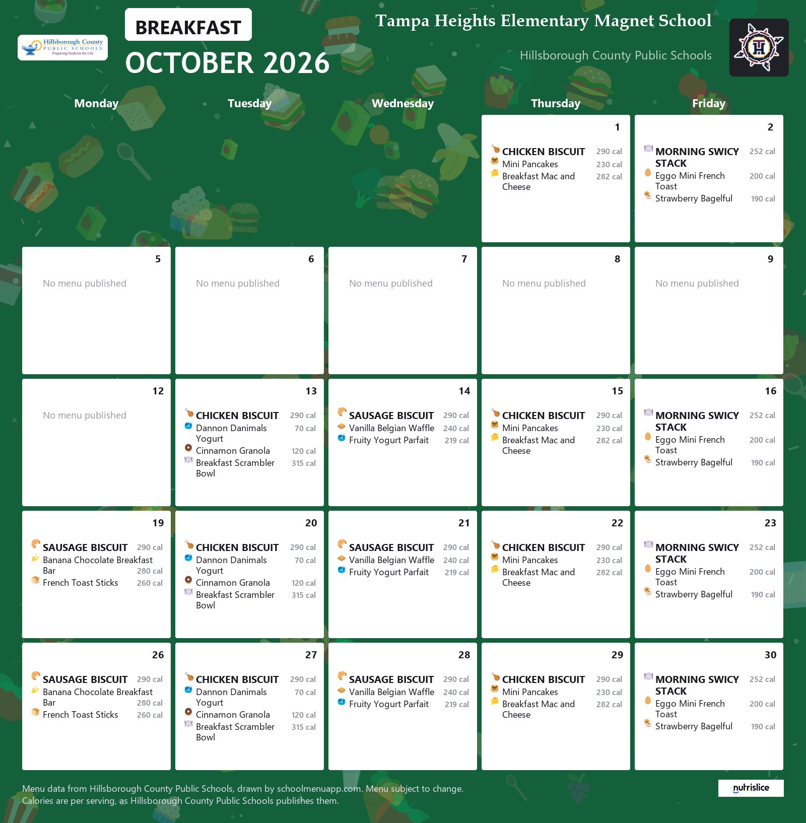 Tampa Heights Elementary Magnet School breakfast menu for October 2026 &mdash; Hillsborough County Public Schools
