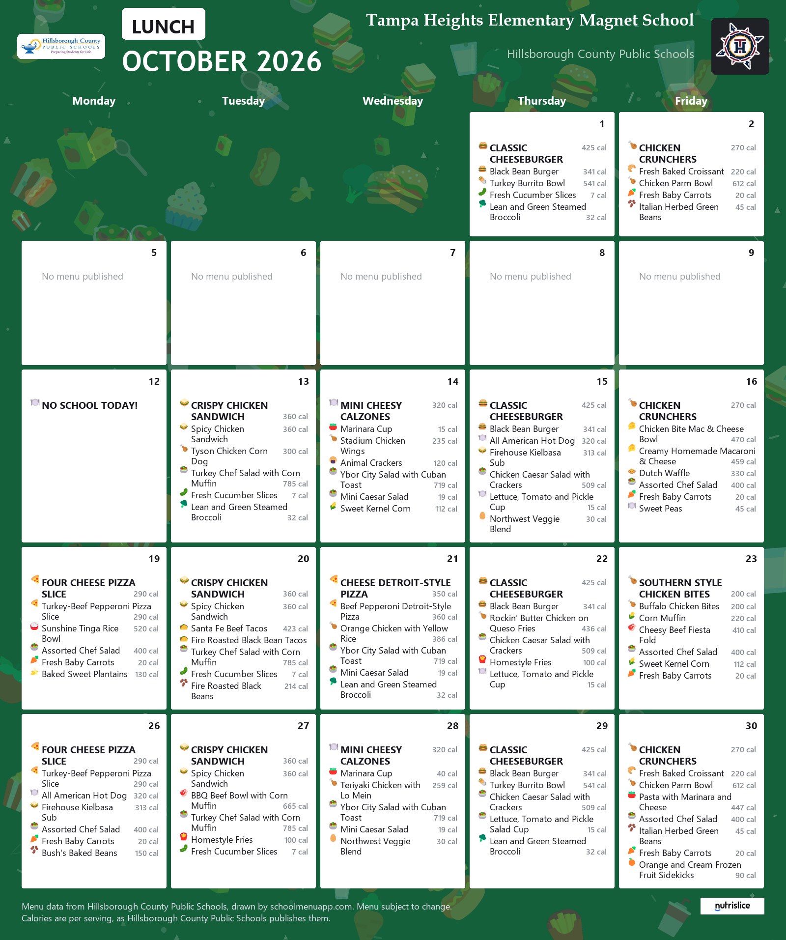 Tampa Heights Elementary Magnet School lunch menu for October 2026 &mdash; Hillsborough County Public Schools