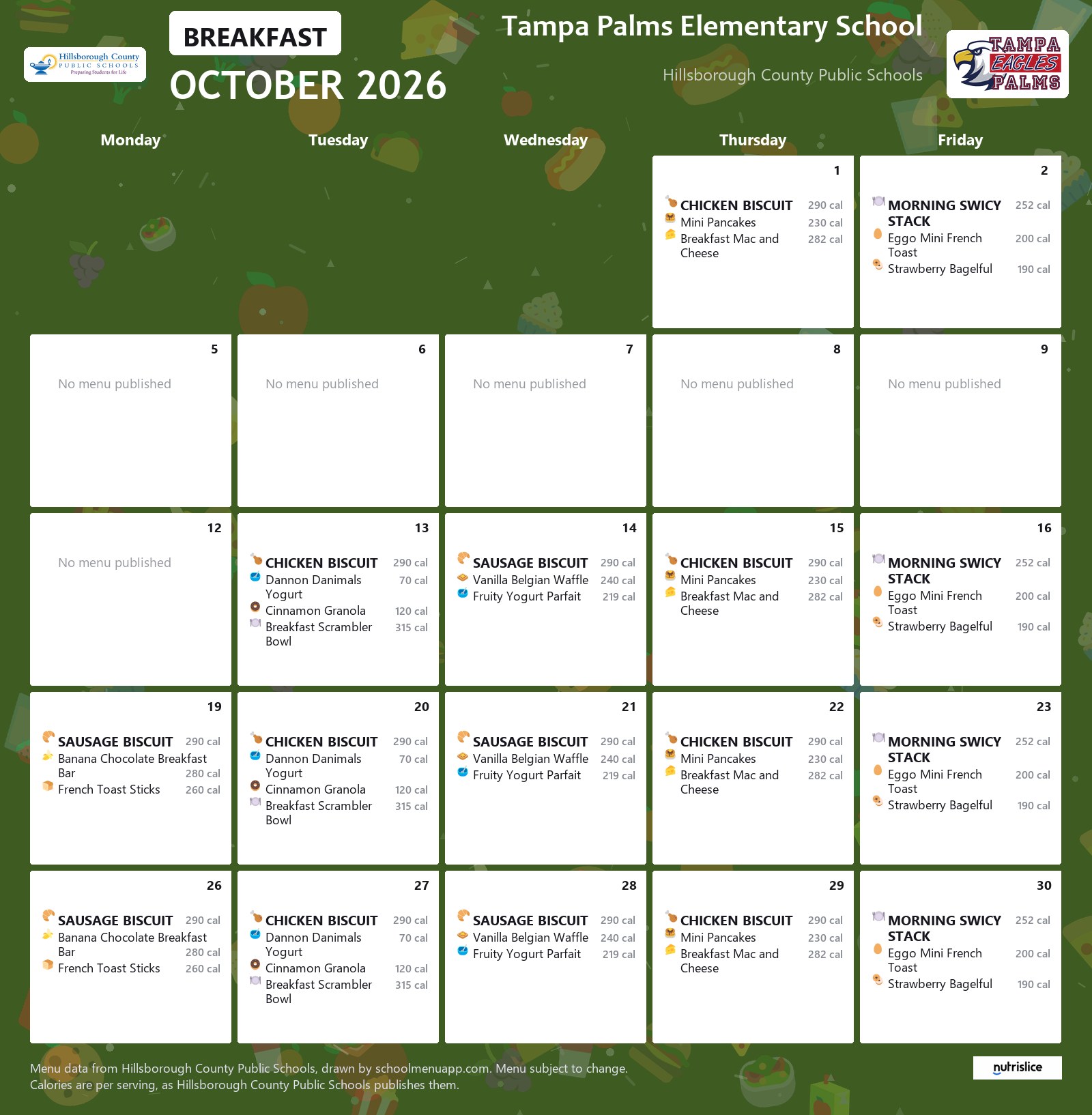 Tampa Palms Elementary School breakfast menu for October 2026 &mdash; Hillsborough County Public Schools