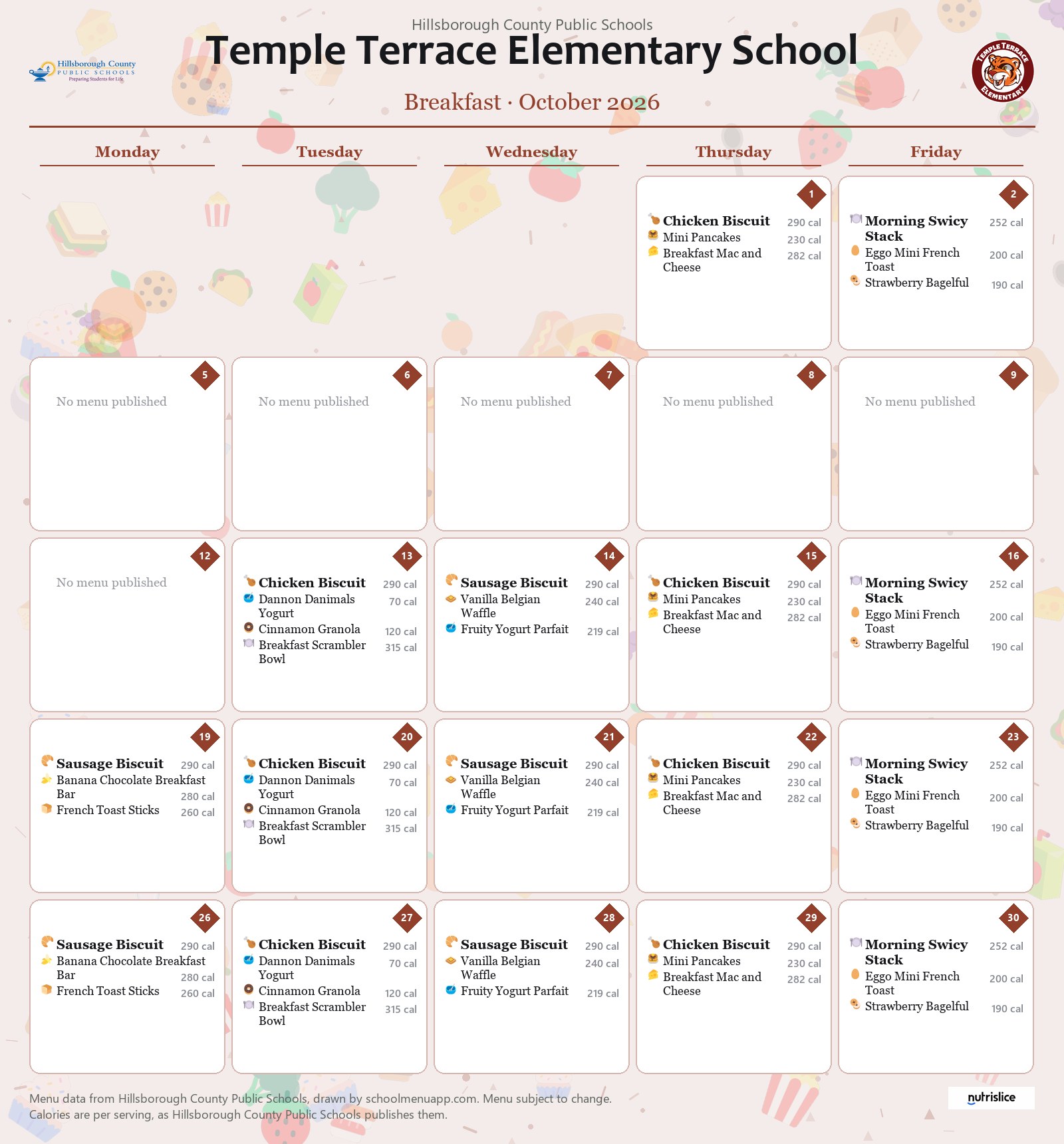 Temple Terrace Elementary School breakfast menu for October 2026 &mdash; Hillsborough County Public Schools