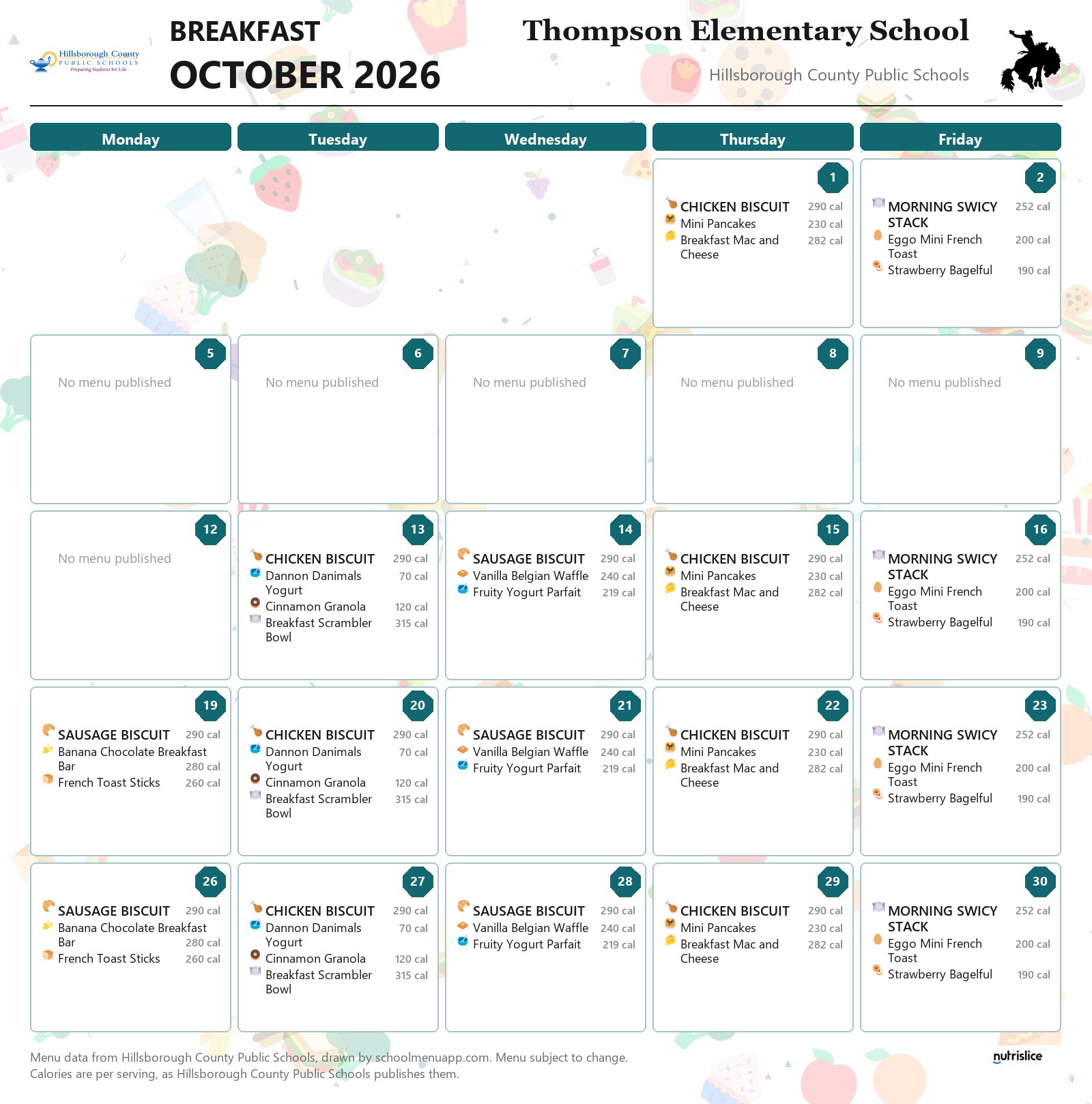 Thompson Elementary School breakfast menu for October 2026 &mdash; Hillsborough County Public Schools