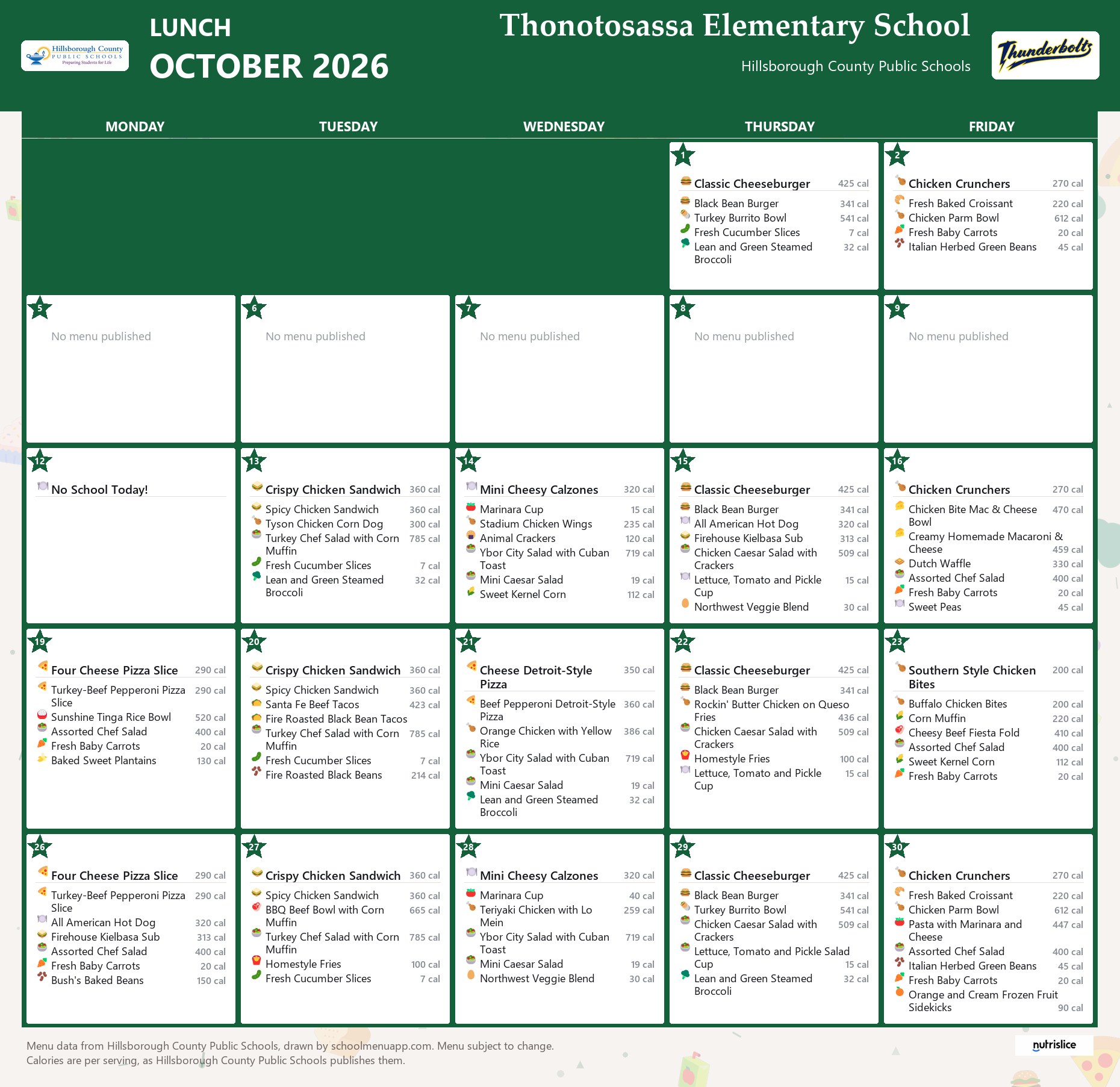Thonotosassa Elementary School lunch menu for October 2026 &mdash; Hillsborough County Public Schools