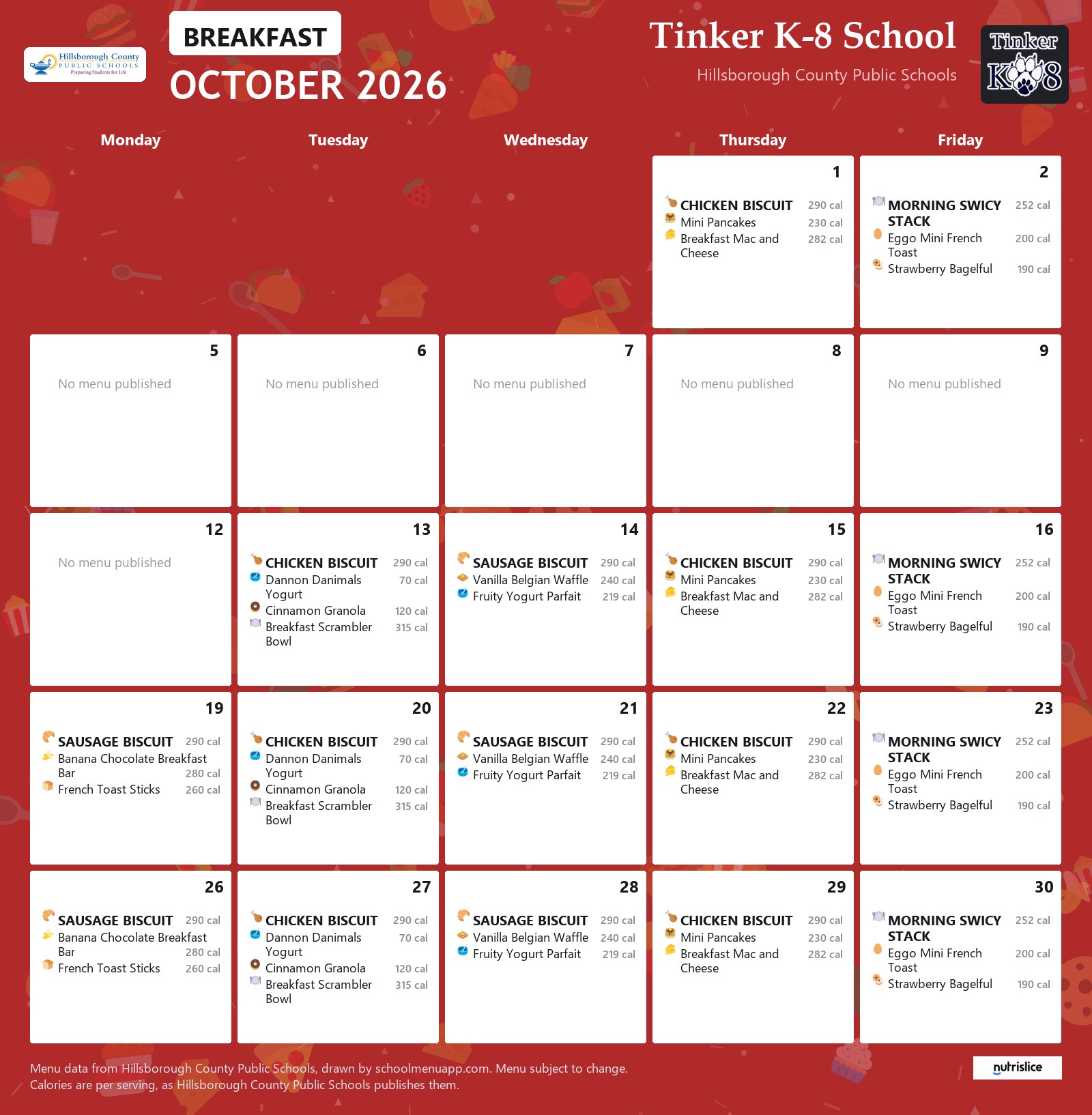 Tinker K-8 School breakfast menu for October 2026 &mdash; Hillsborough County Public Schools