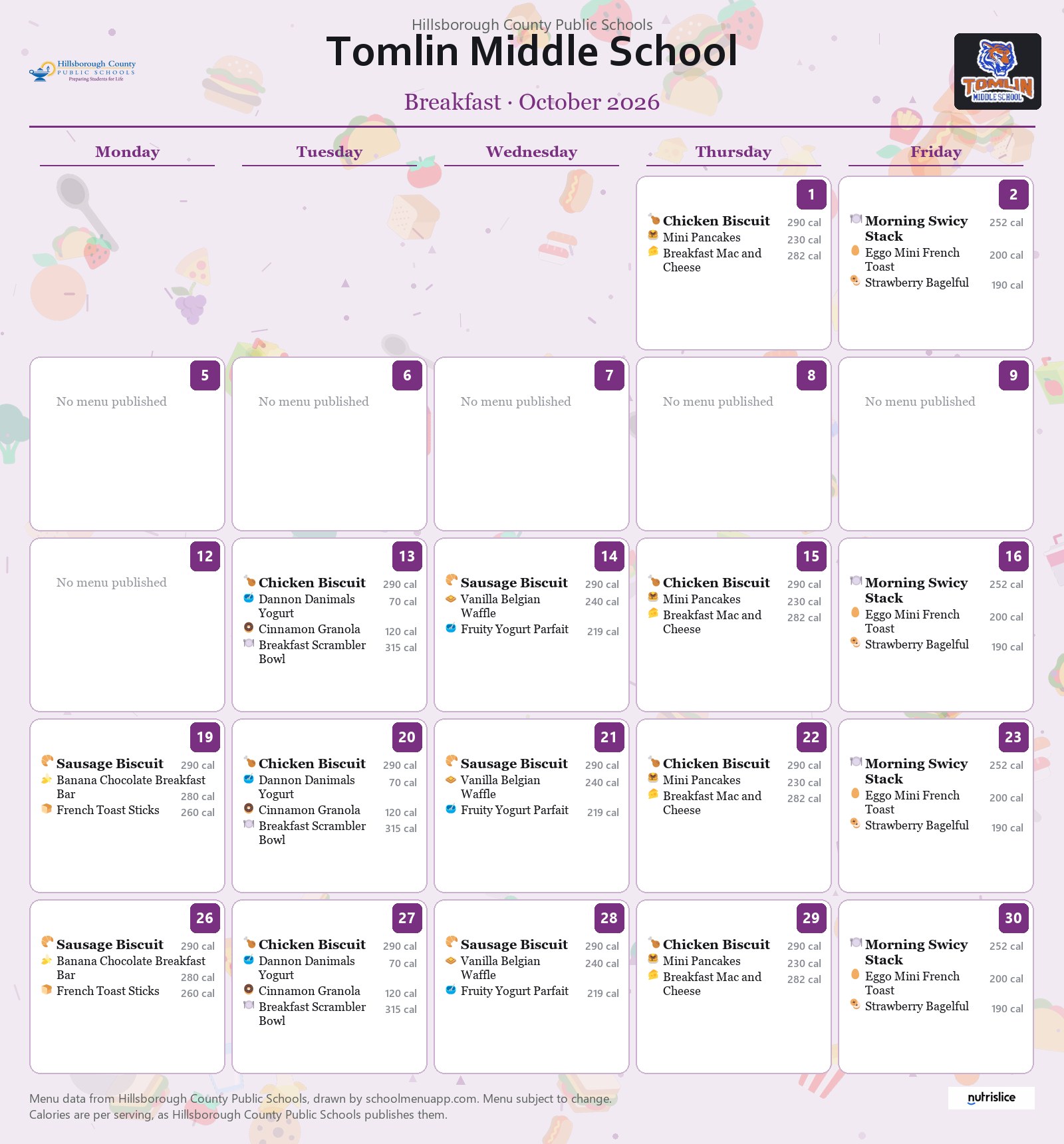 Tomlin Middle School breakfast menu for October 2026 &mdash; Hillsborough County Public Schools