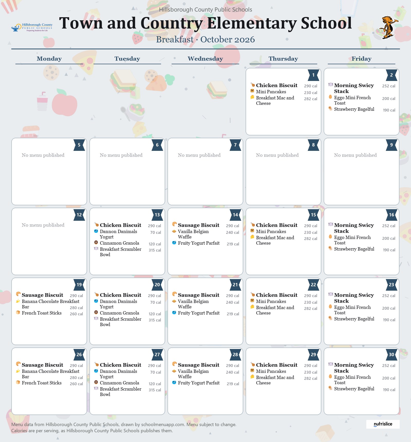 Town and Country Elementary School breakfast menu for October 2026 &mdash; Hillsborough County Public Schools