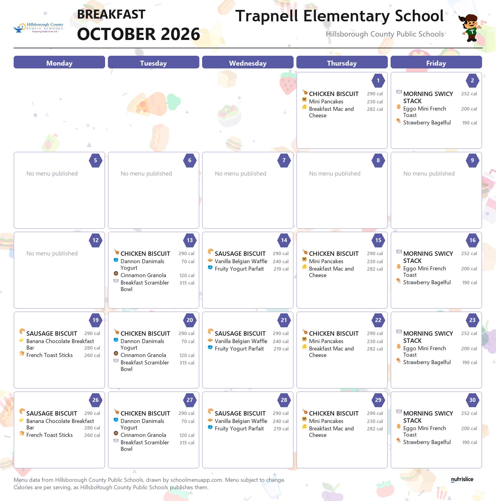 Trapnell Elementary School breakfast menu for October 2026 &mdash; Hillsborough County Public Schools