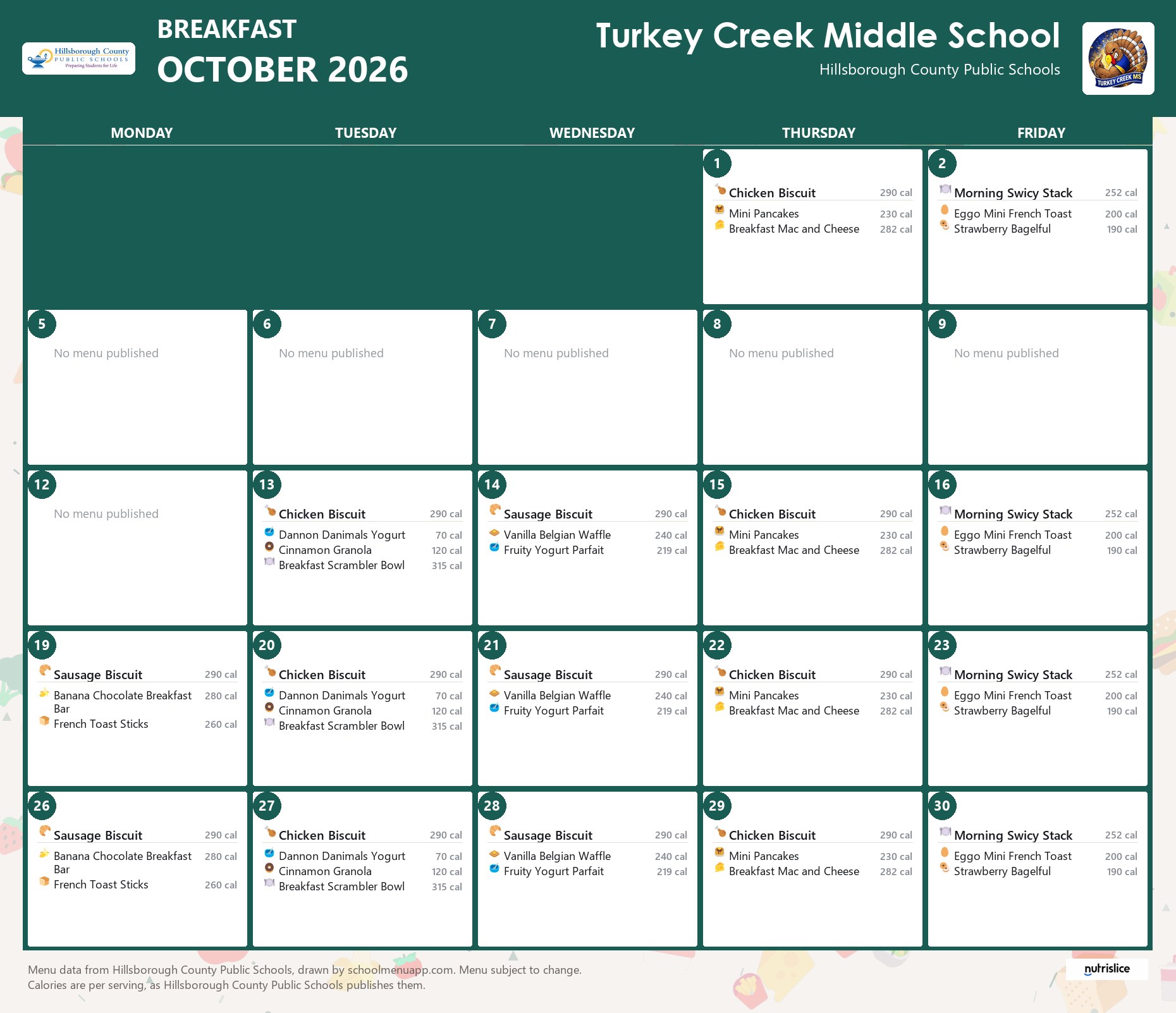 Turkey Creek Middle School breakfast menu for October 2026 &mdash; Hillsborough County Public Schools