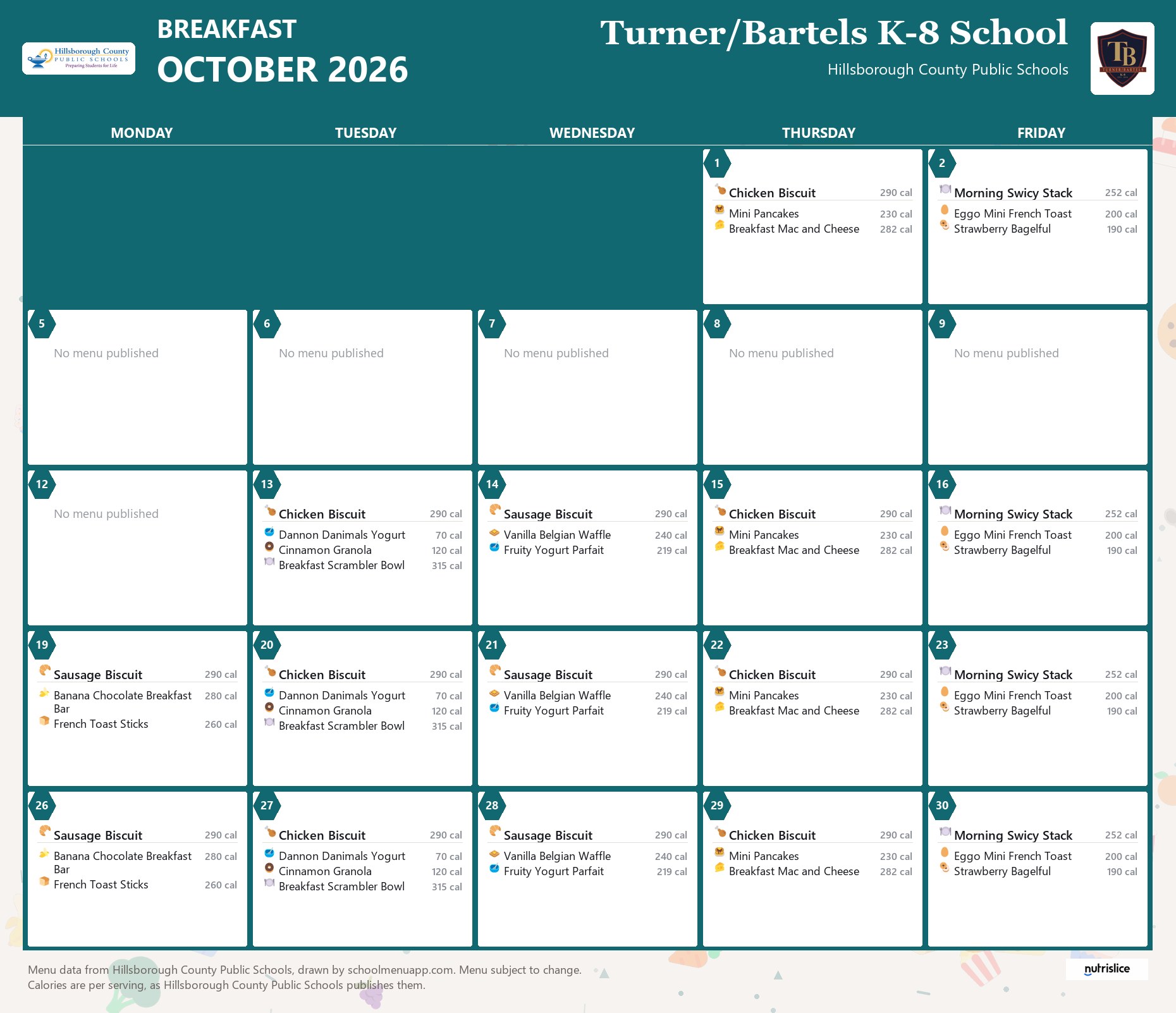 Turner/Bartels K-8 School breakfast menu for October 2026 &mdash; Hillsborough County Public Schools