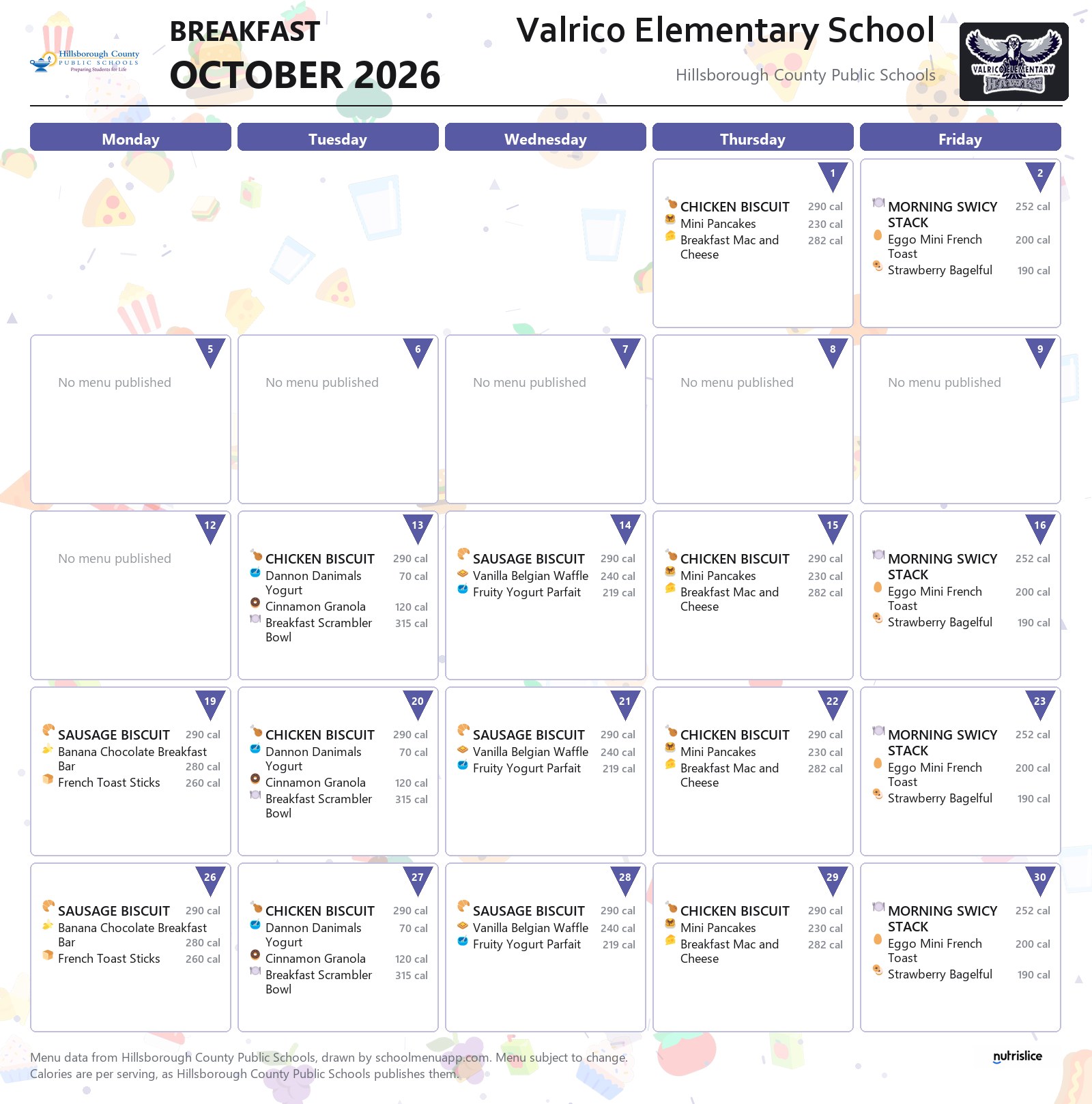 Valrico Elementary School breakfast menu for October 2026 &mdash; Hillsborough County Public Schools