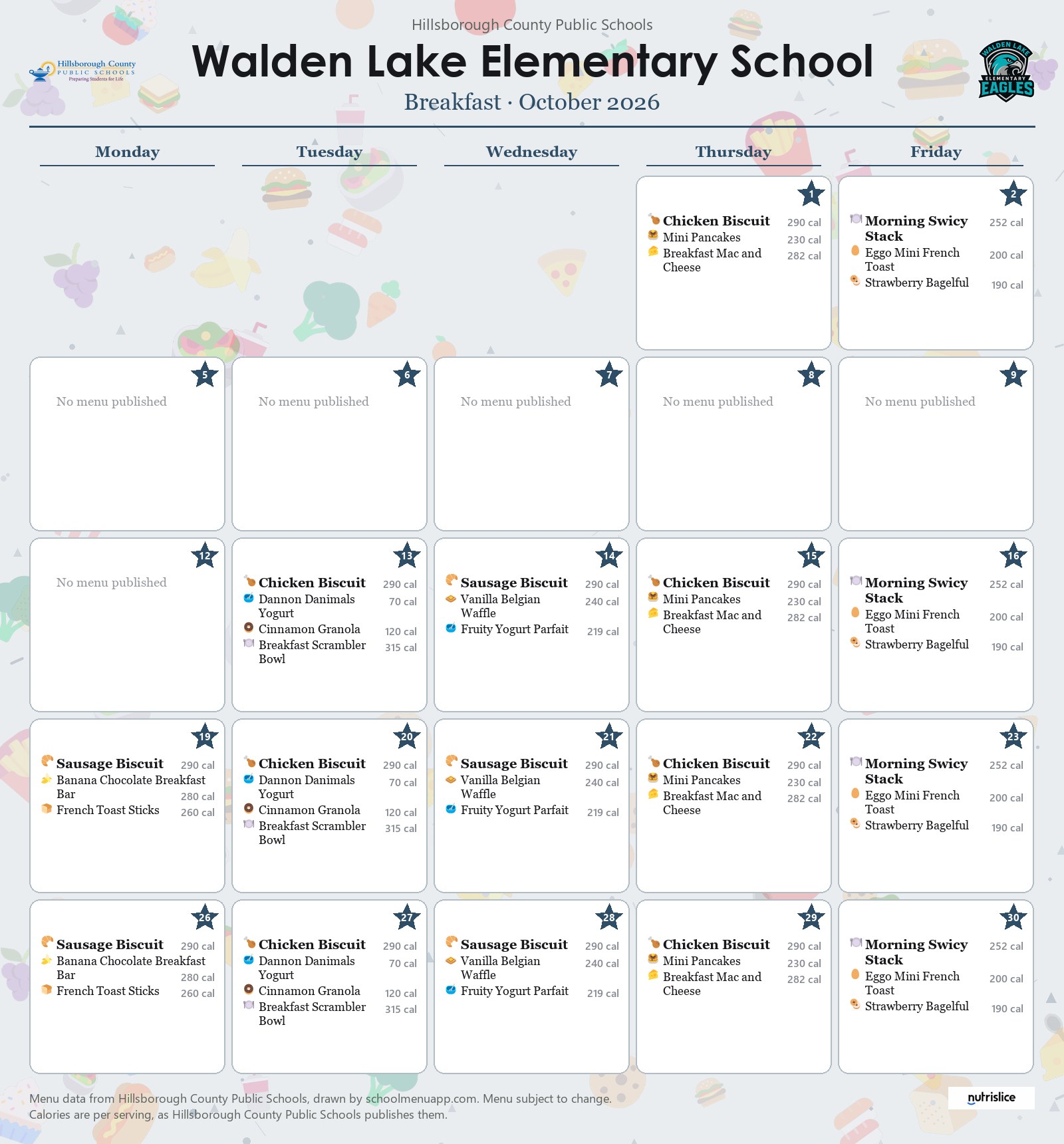 Walden Lake Elementary School breakfast menu for October 2026 &mdash; Hillsborough County Public Schools