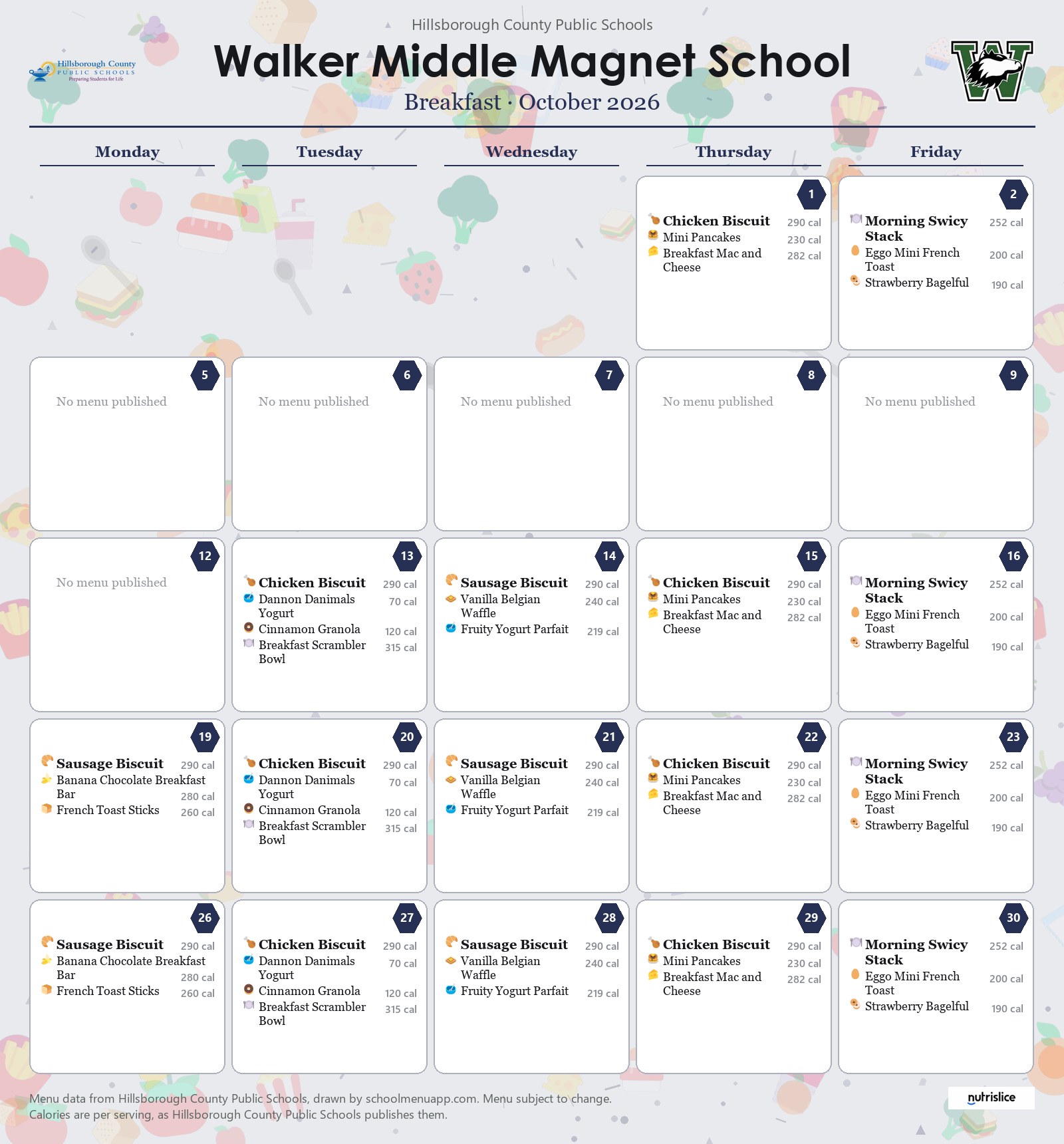 Walker Middle Magnet School breakfast menu for October 2026 &mdash; Hillsborough County Public Schools