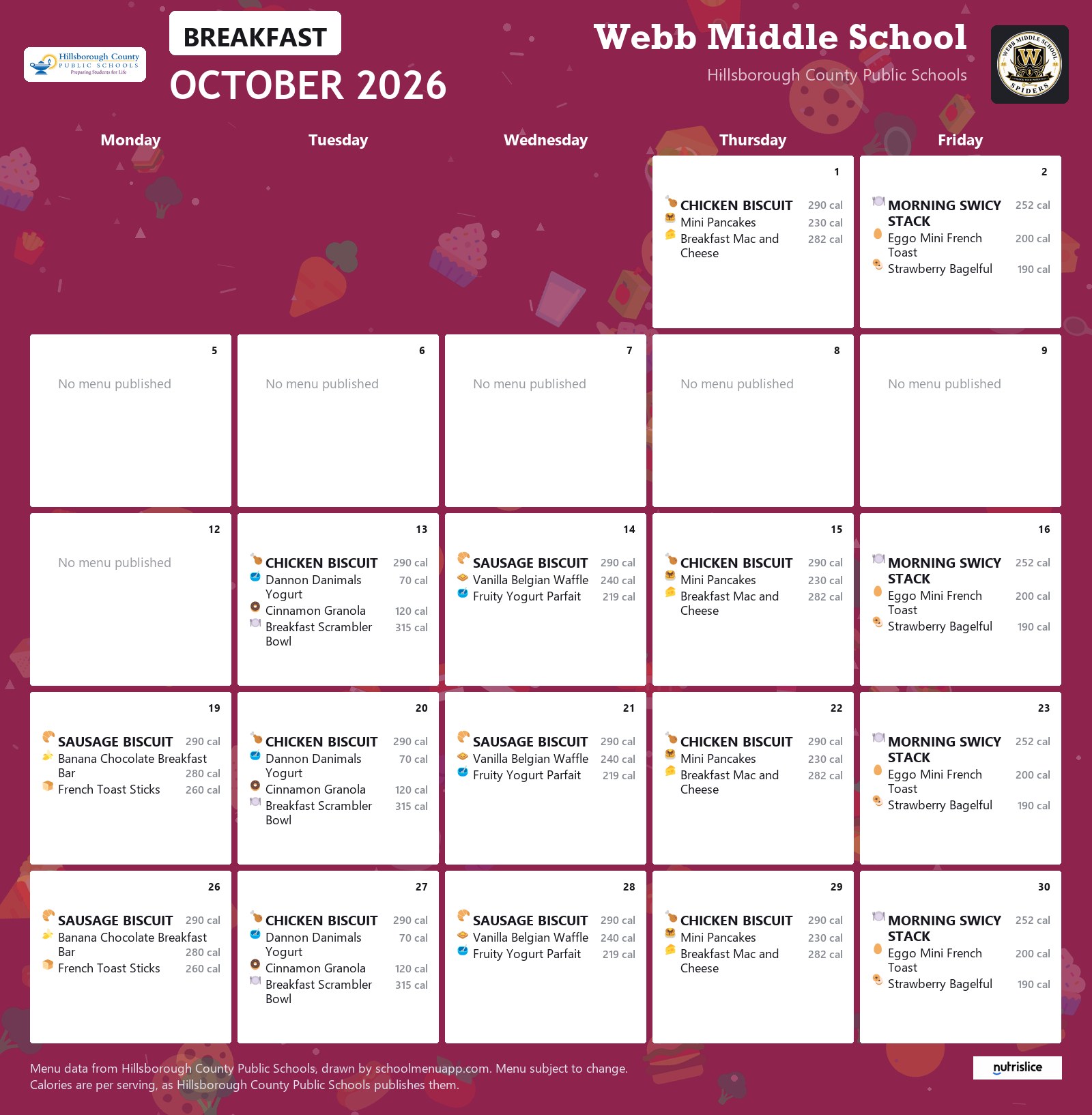 Webb Middle School breakfast menu for October 2026 &mdash; Hillsborough County Public Schools