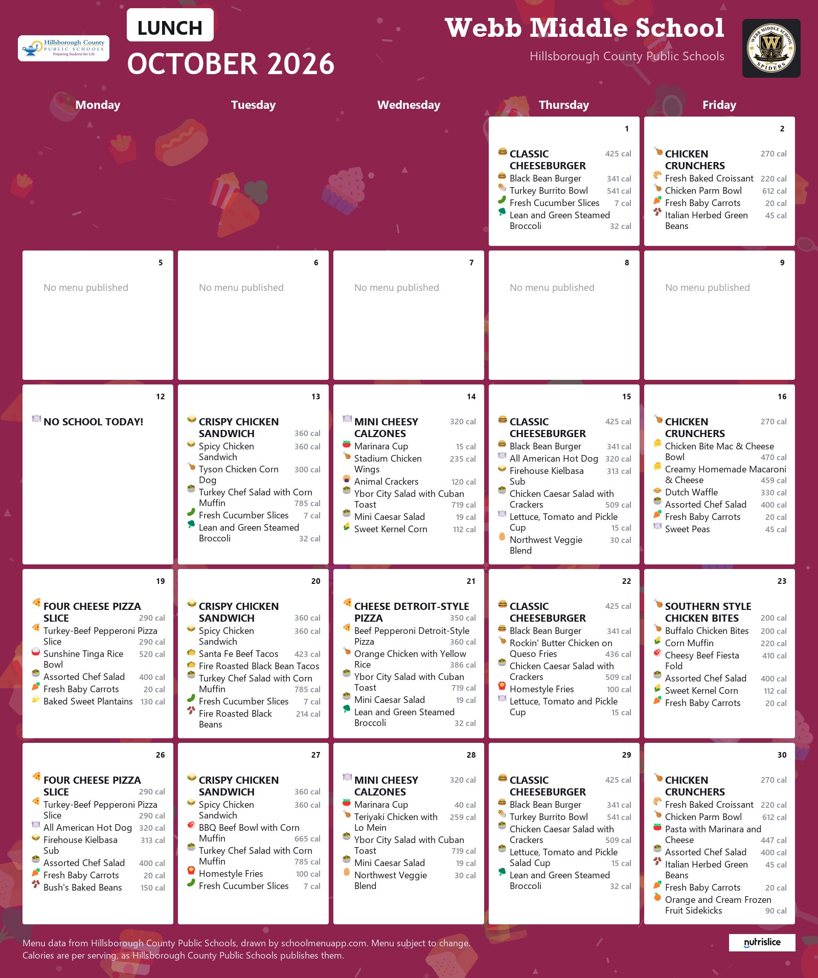Webb Middle School lunch menu for October 2026 &mdash; Hillsborough County Public Schools