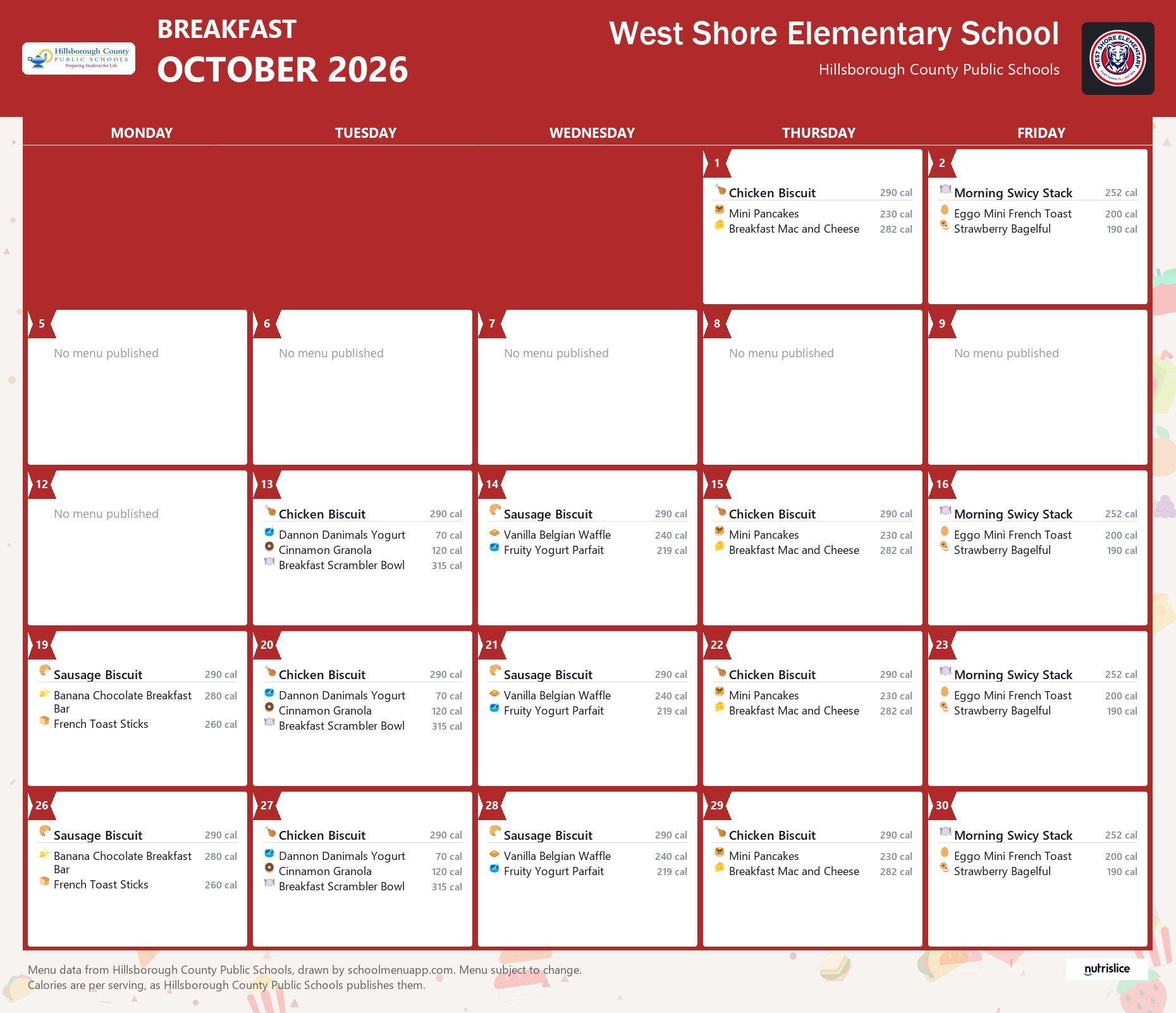 West Shore Elementary School breakfast menu for October 2026 &mdash; Hillsborough County Public Schools