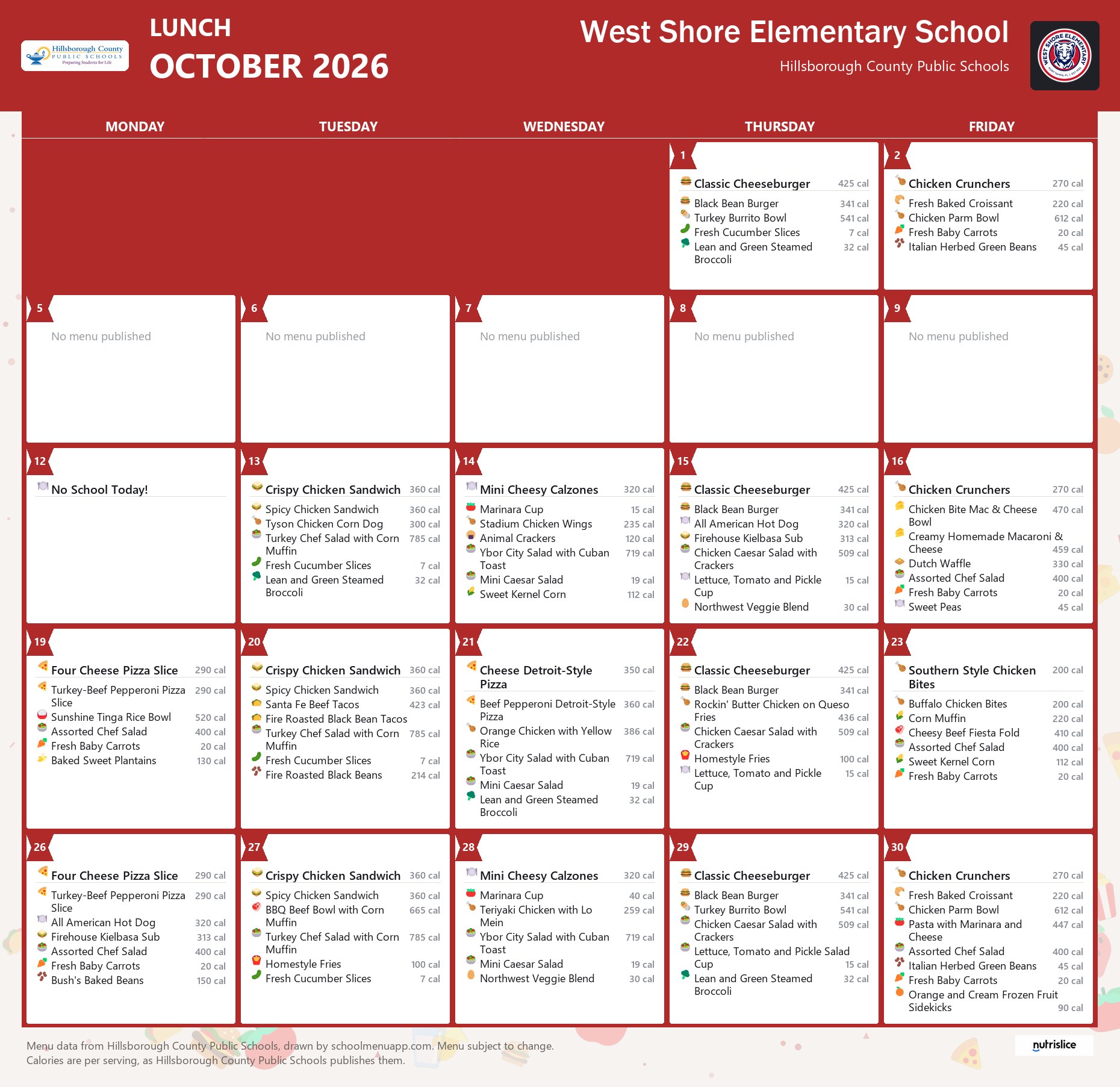 West Shore Elementary School lunch menu for October 2026 &mdash; Hillsborough County Public Schools