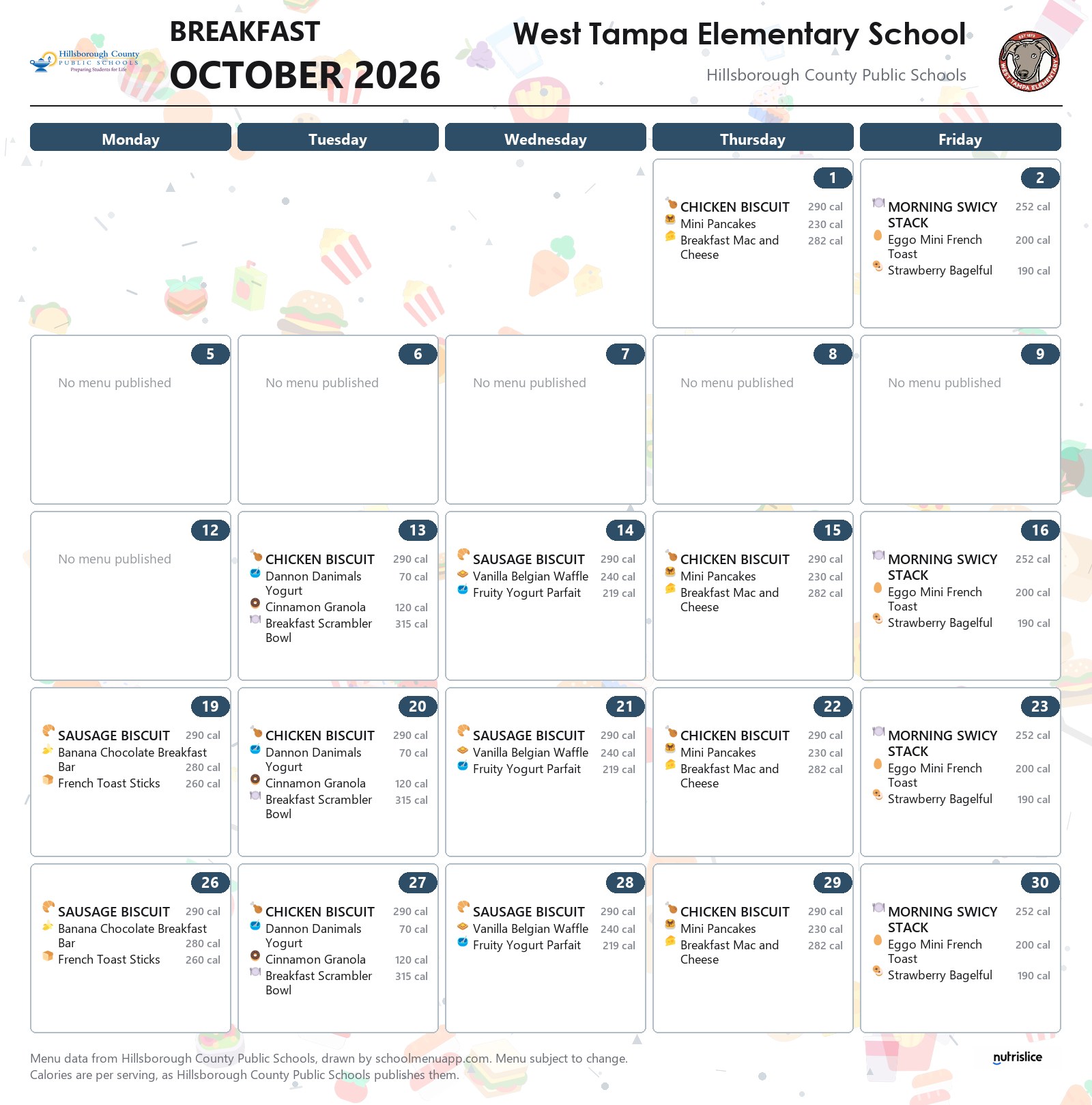 West Tampa Elementary School breakfast menu for October 2026 &mdash; Hillsborough County Public Schools