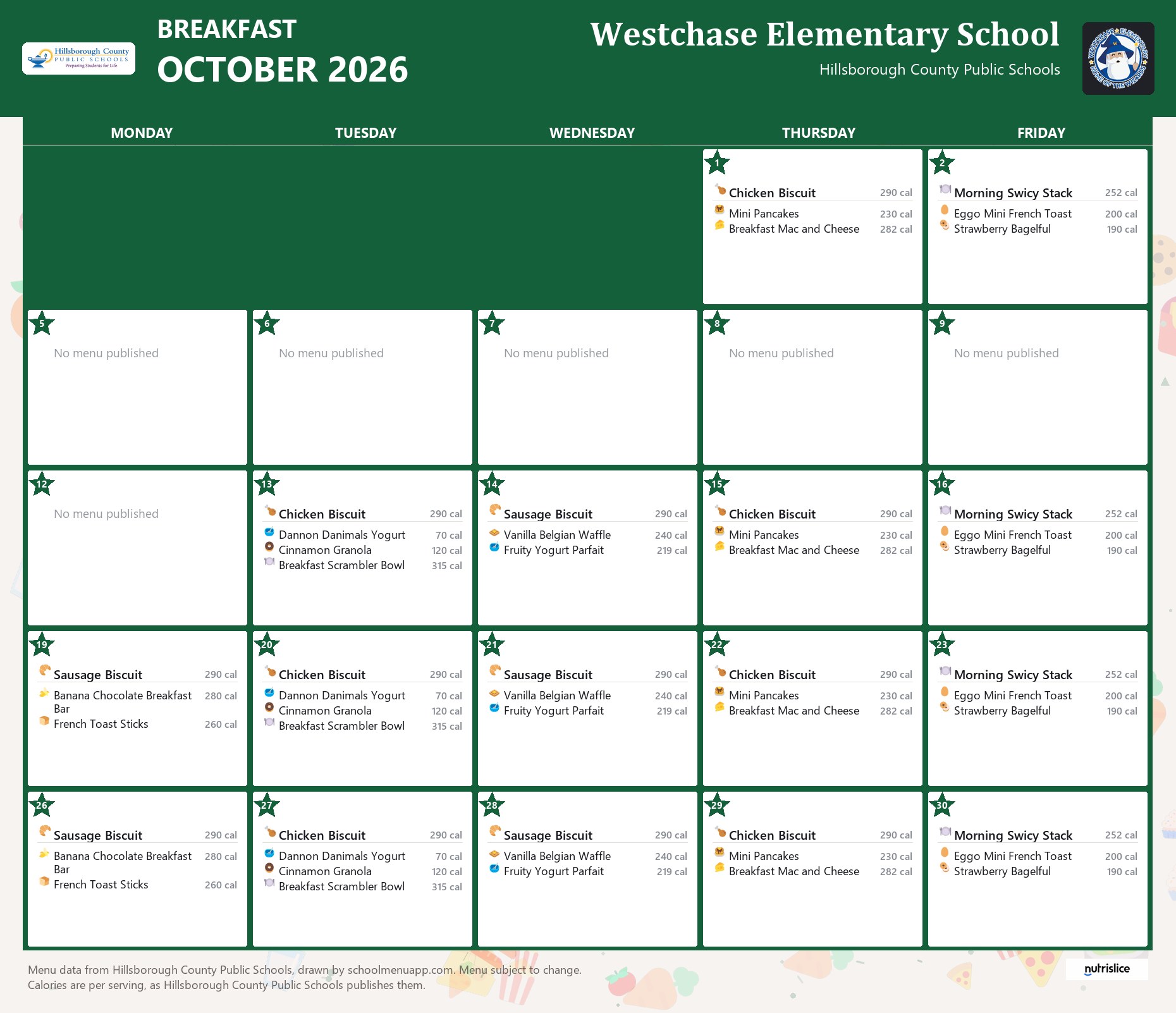 Westchase Elementary School breakfast menu for October 2026 &mdash; Hillsborough County Public Schools