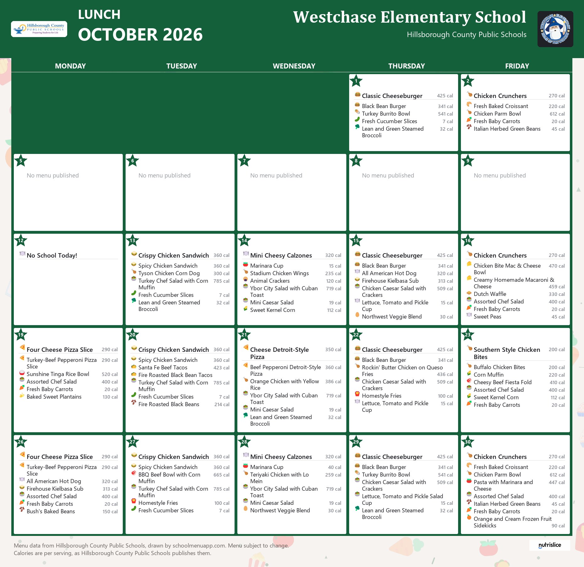 Westchase Elementary School lunch menu for October 2026 &mdash; Hillsborough County Public Schools