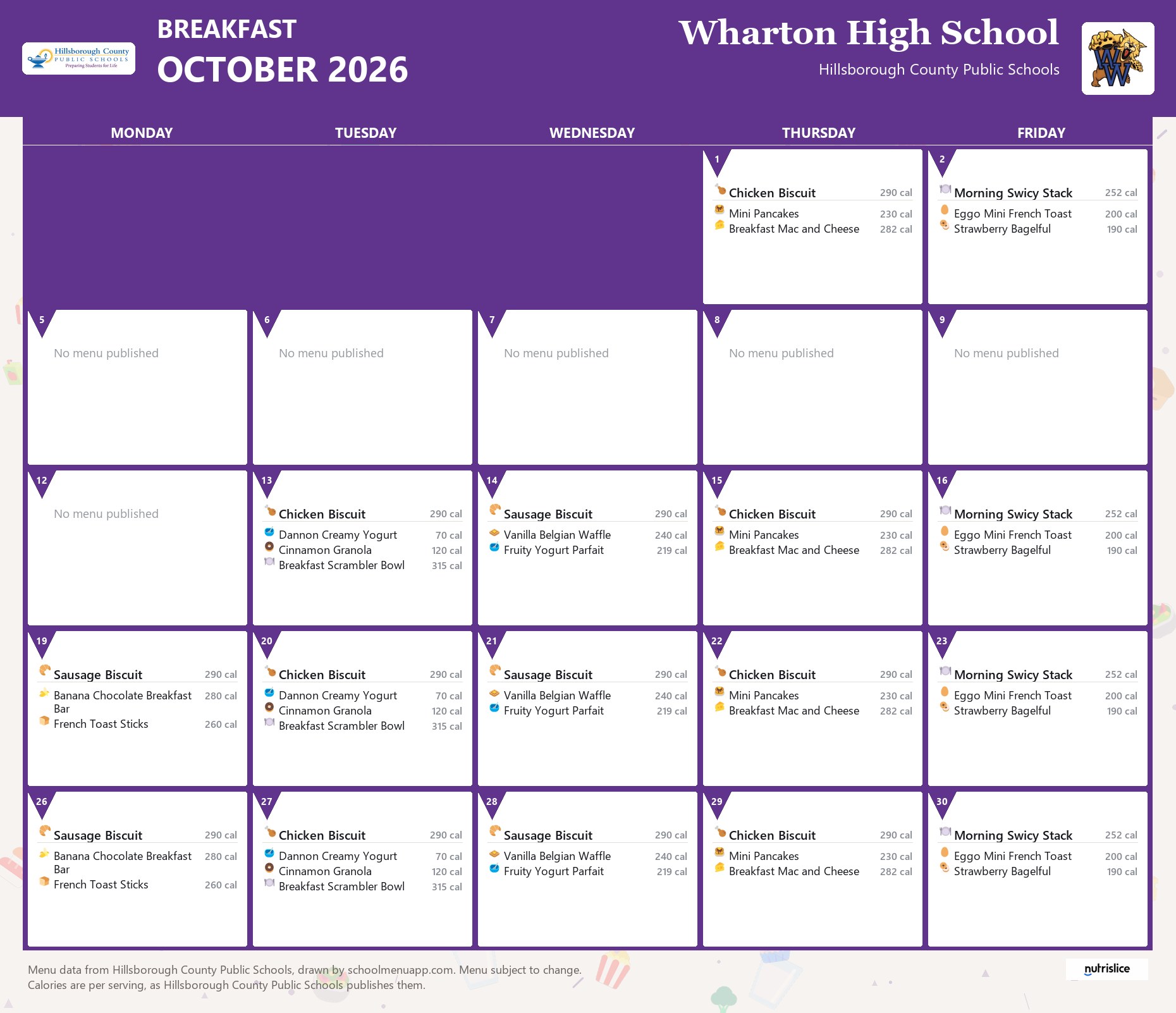 Wharton High School breakfast menu for October 2026 &mdash; Hillsborough County Public Schools