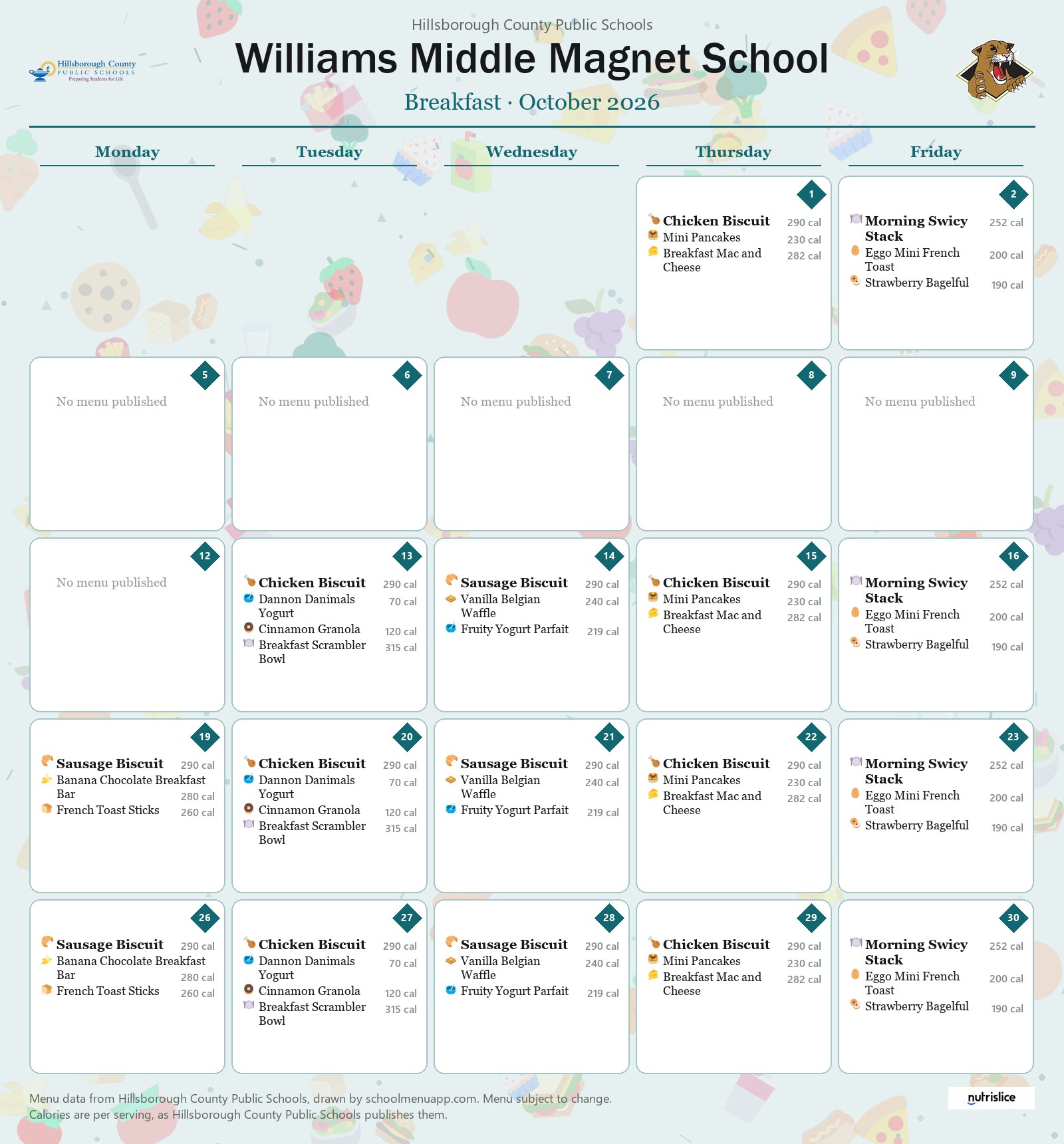 Williams Middle Magnet School breakfast menu for October 2026 &mdash; Hillsborough County Public Schools