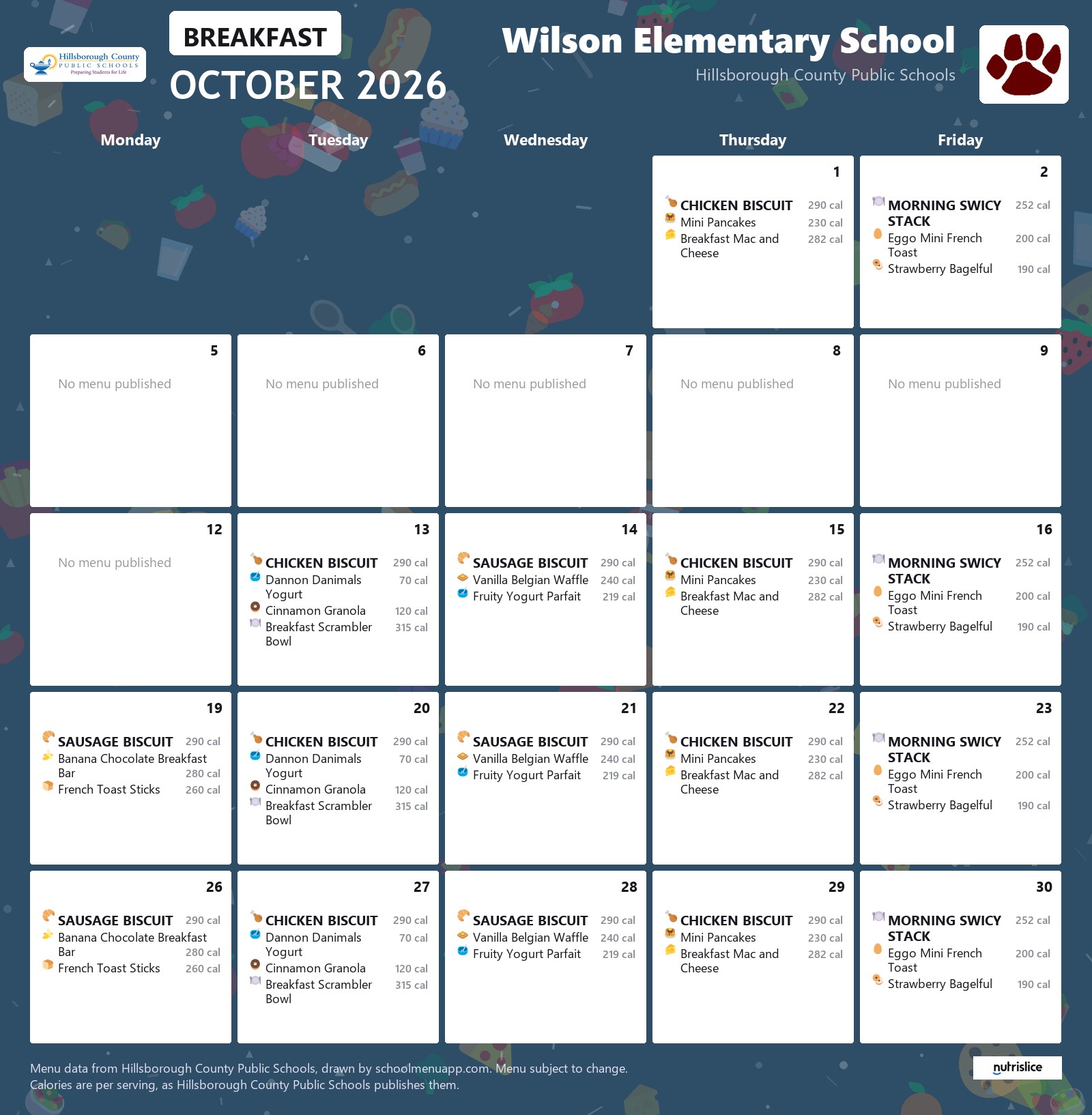 Wilson Elementary School breakfast menu for October 2026 &mdash; Hillsborough County Public Schools