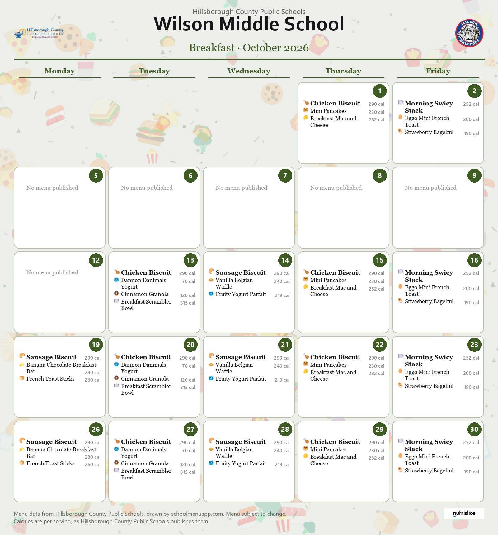 Wilson Middle School breakfast menu for October 2026 &mdash; Hillsborough County Public Schools
