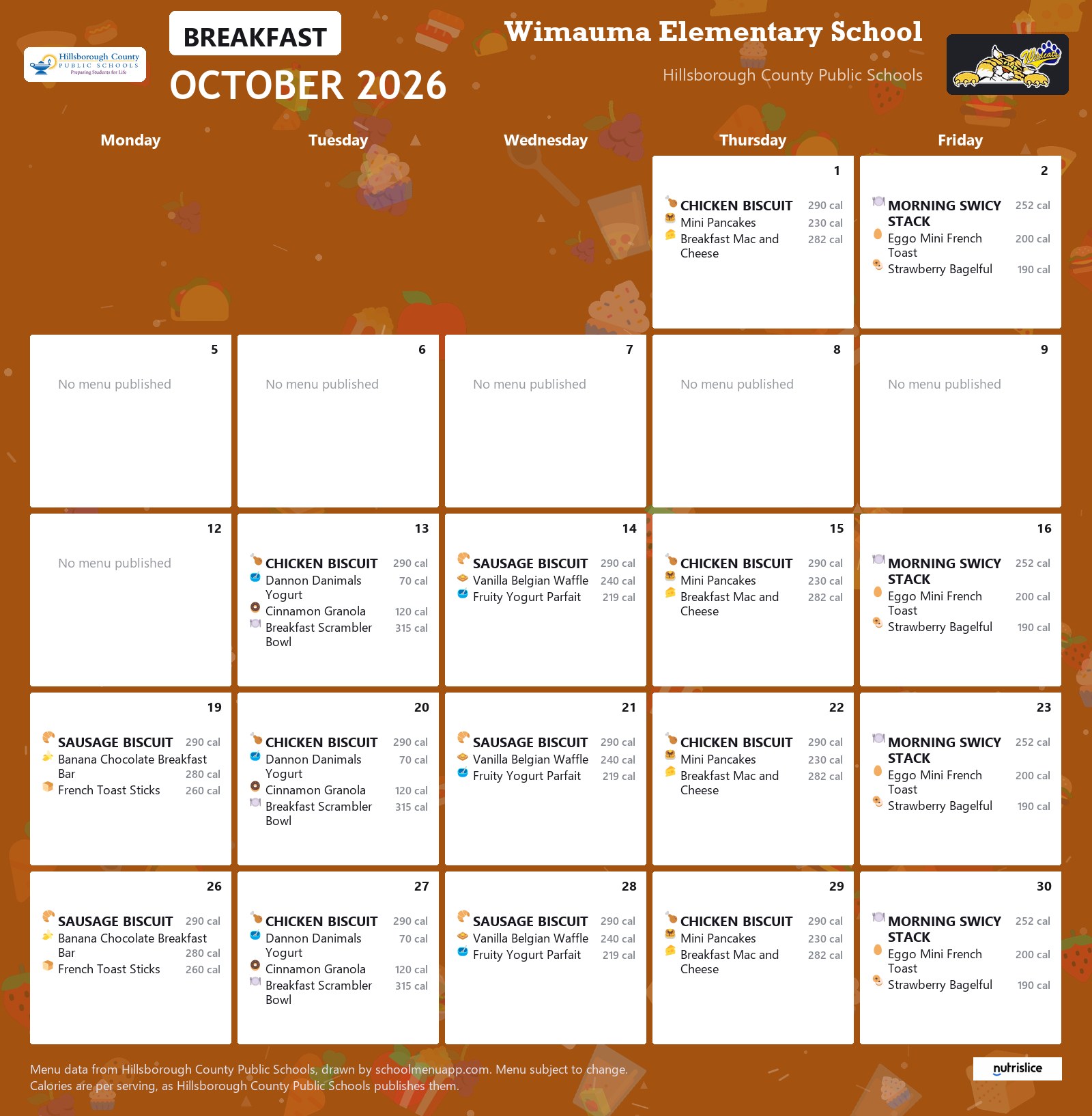 Wimauma Elementary School breakfast menu for October 2026 &mdash; Hillsborough County Public Schools