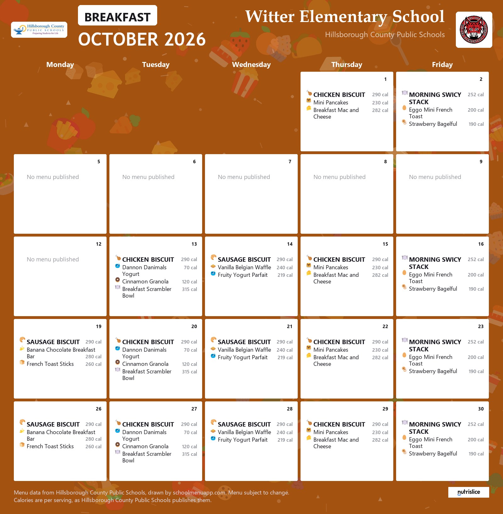 Witter Elementary School breakfast menu for October 2026 &mdash; Hillsborough County Public Schools
