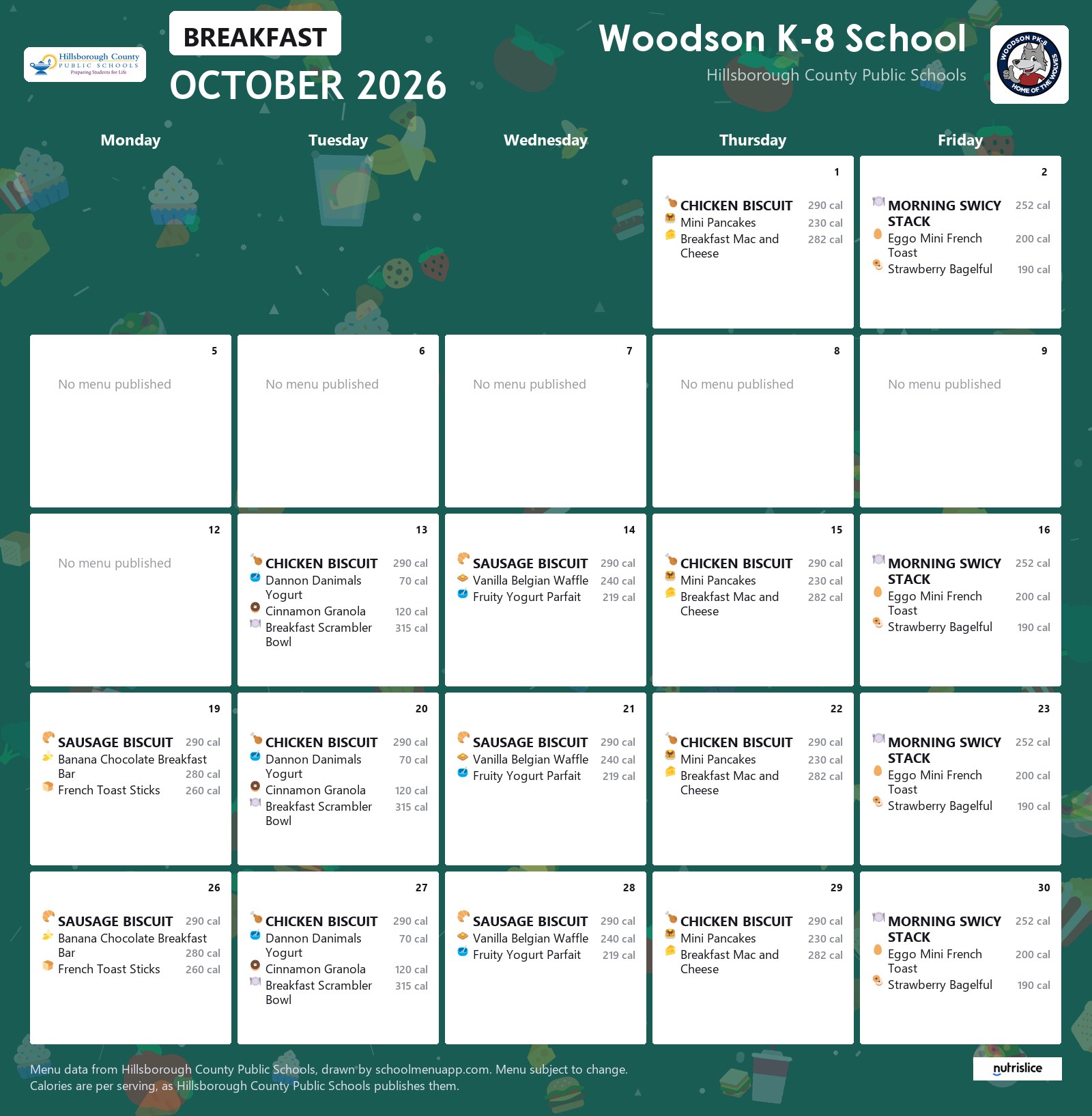Woodson K-8 School breakfast menu for October 2026 &mdash; Hillsborough County Public Schools