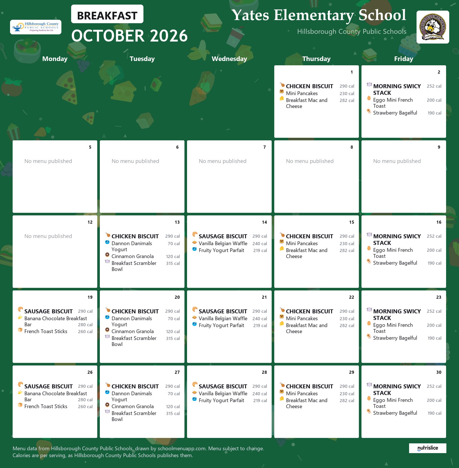 Yates Elementary School breakfast menu for October 2026 &mdash; Hillsborough County Public Schools