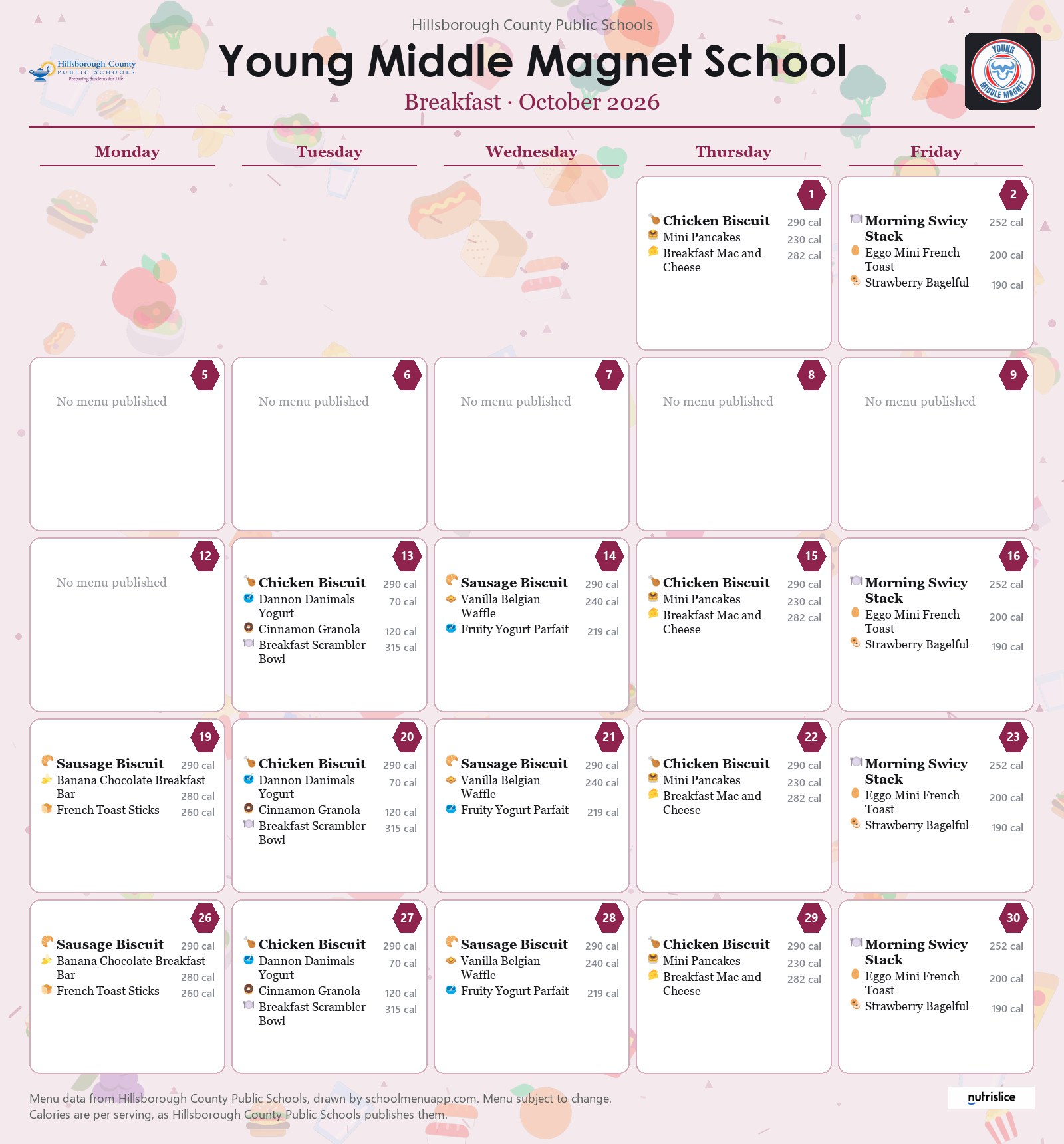 Young Middle Magnet School breakfast menu for October 2026 &mdash; Hillsborough County Public Schools