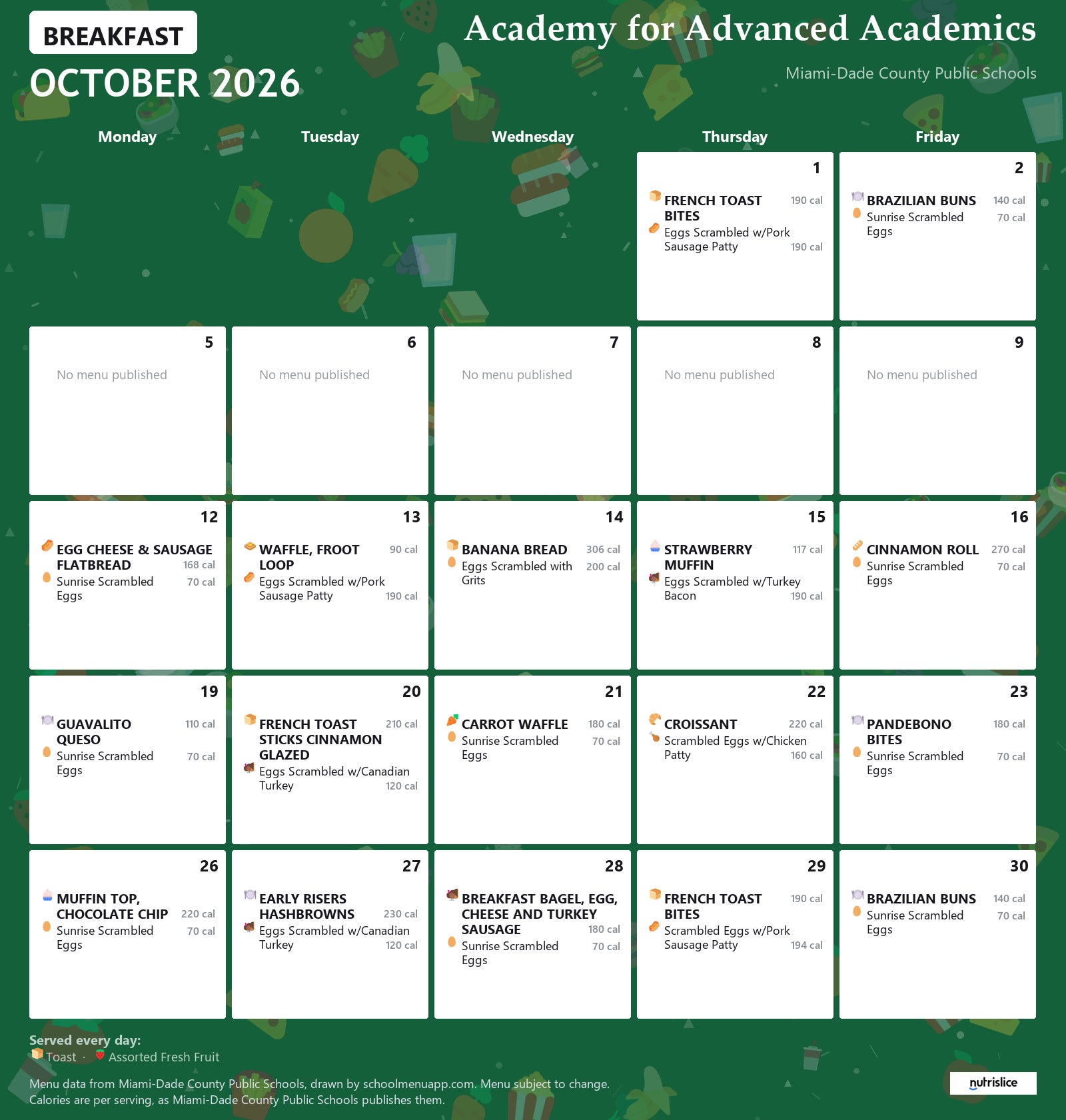Academy for Advanced Academics breakfast menu for October 2026 &mdash; Miami-Dade County Public Schools