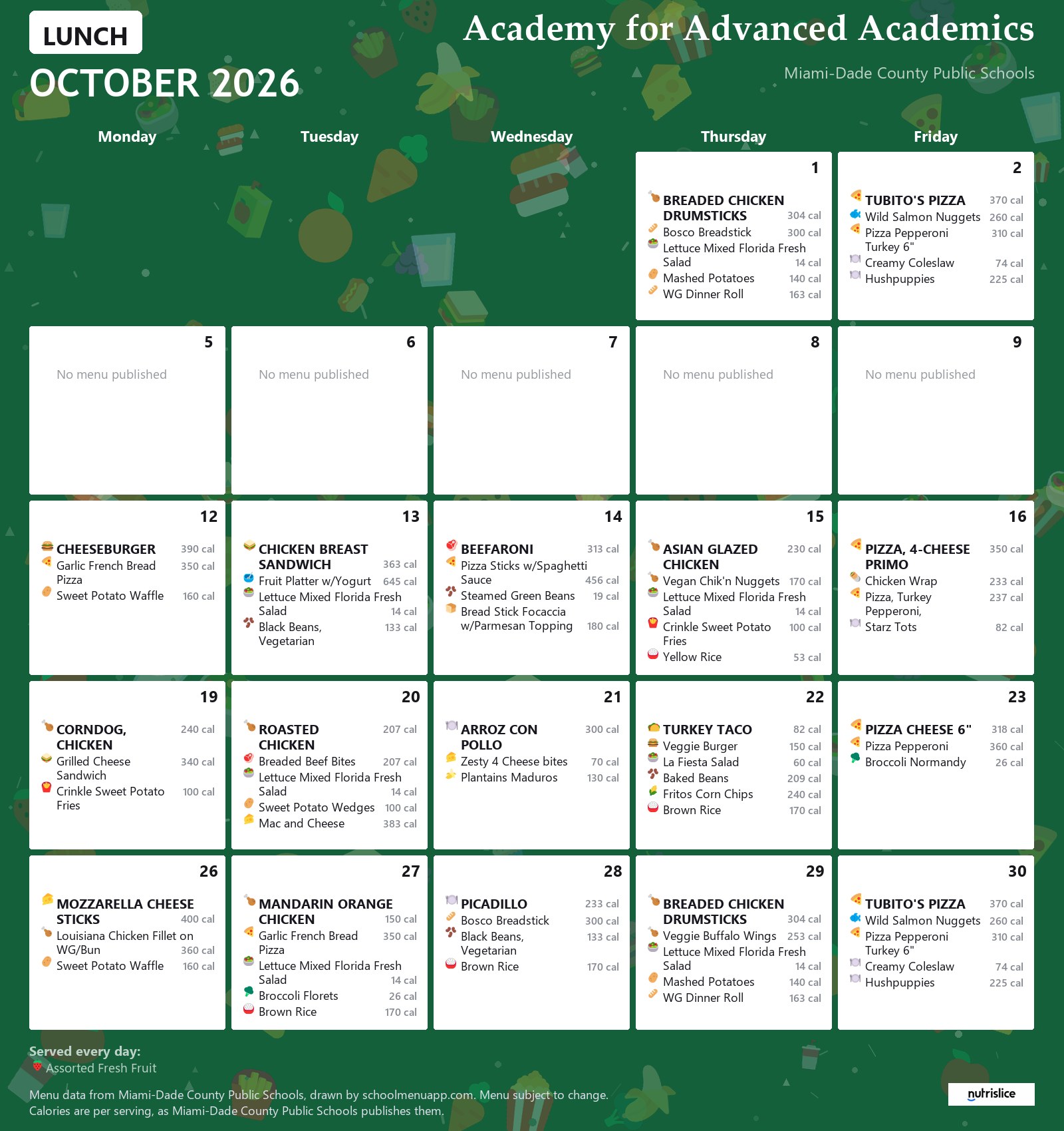 Academy for Advanced Academics lunch menu for October 2026 &mdash; Miami-Dade County Public Schools