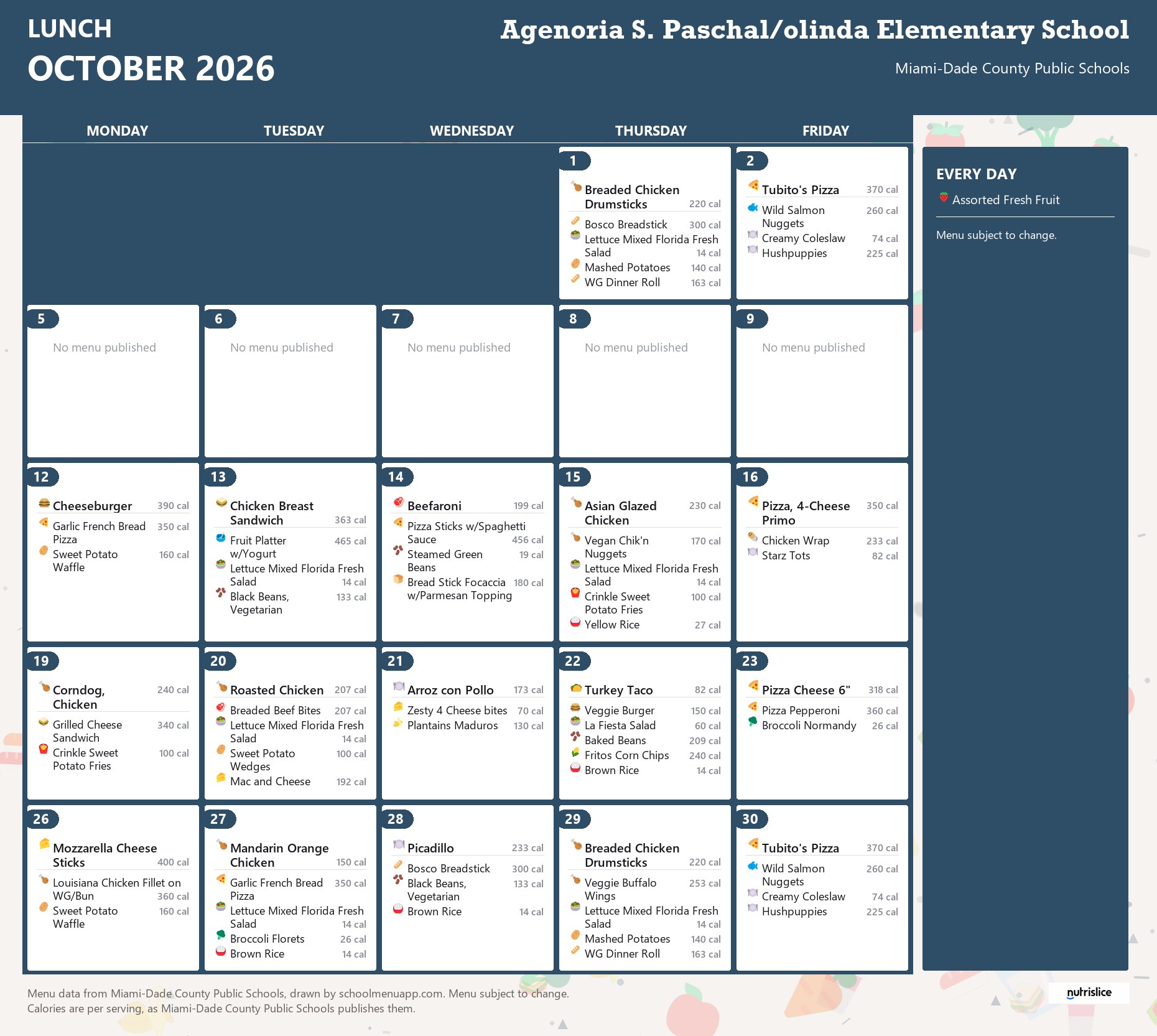 Agenoria S. Paschal/olinda Elementary School lunch menu for October 2026 &mdash; Miami-Dade County Public Schools