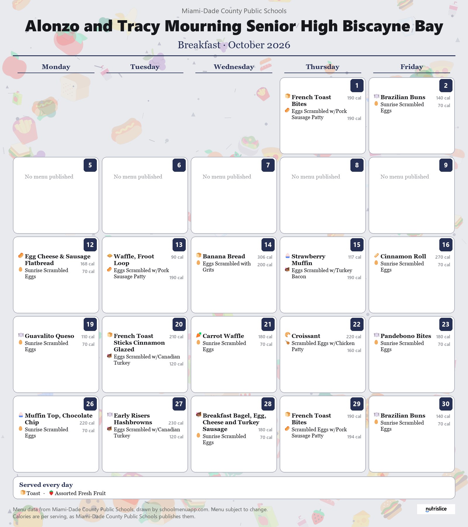 Alonzo and Tracy Mourning Senior High Biscayne Bay breakfast menu for October 2026 &mdash; Miami-Dade County Public Schools
