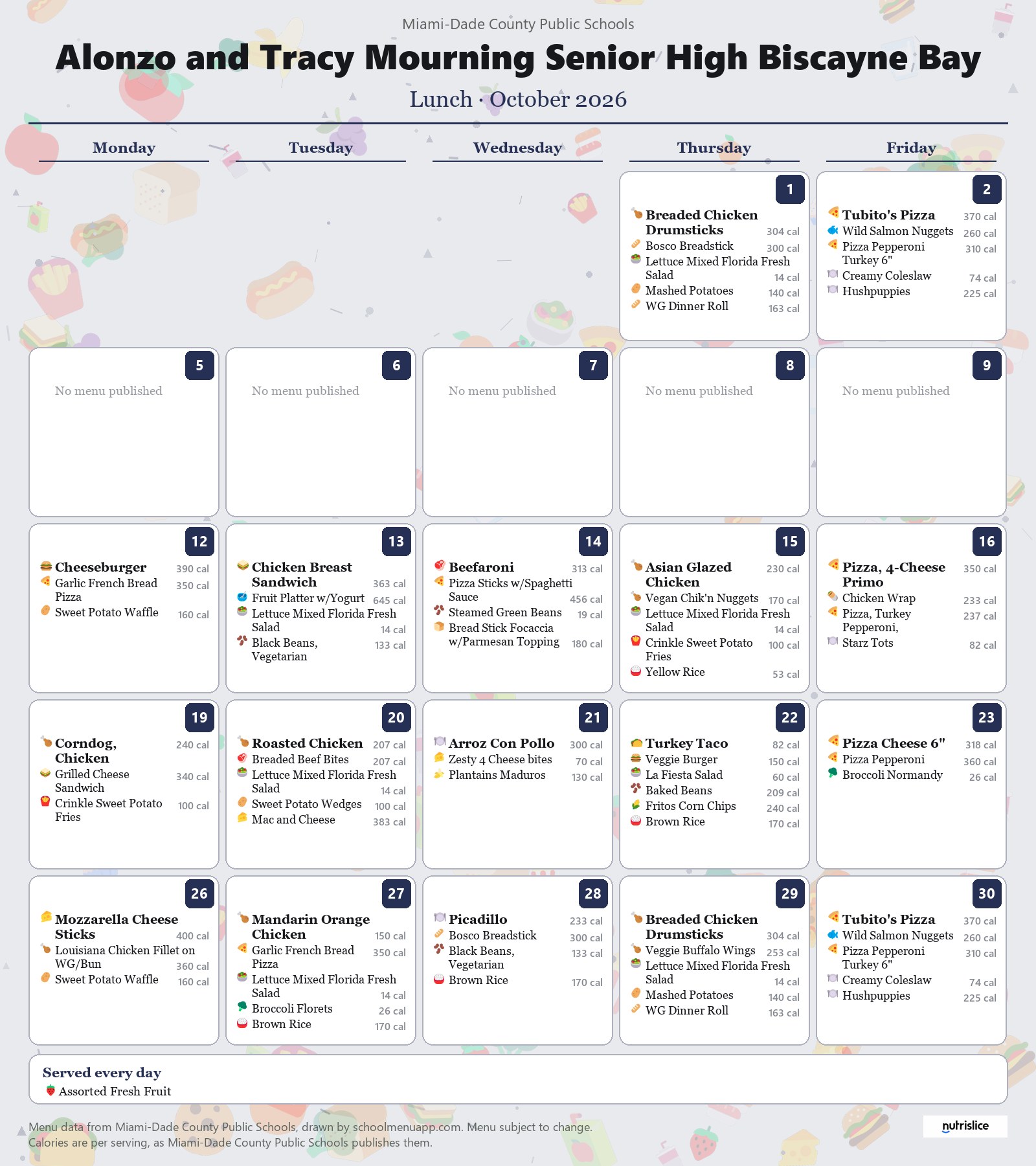 Alonzo and Tracy Mourning Senior High Biscayne Bay lunch menu for October 2026 &mdash; Miami-Dade County Public Schools