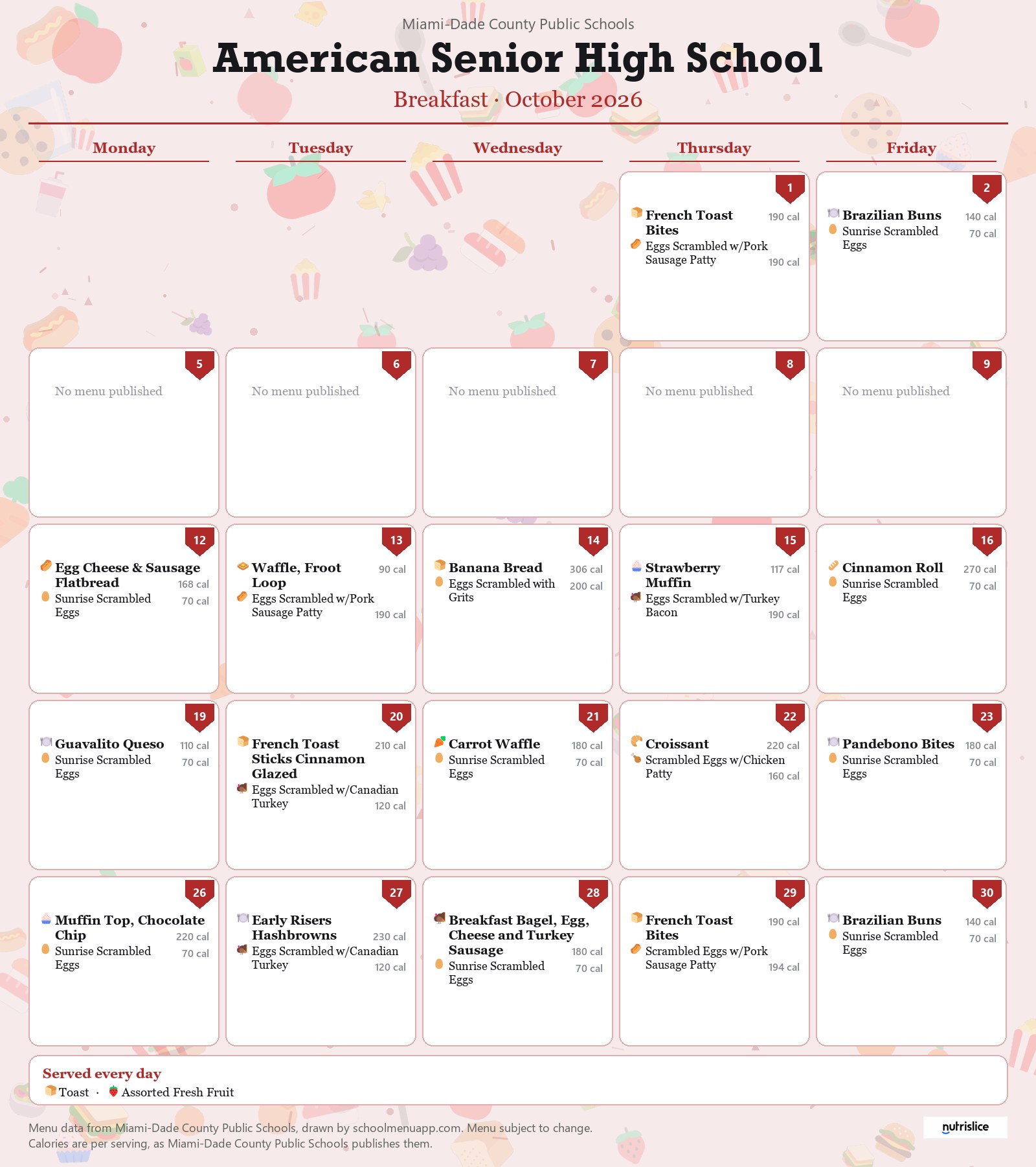 American Senior High School breakfast menu for October 2026 &mdash; Miami-Dade County Public Schools