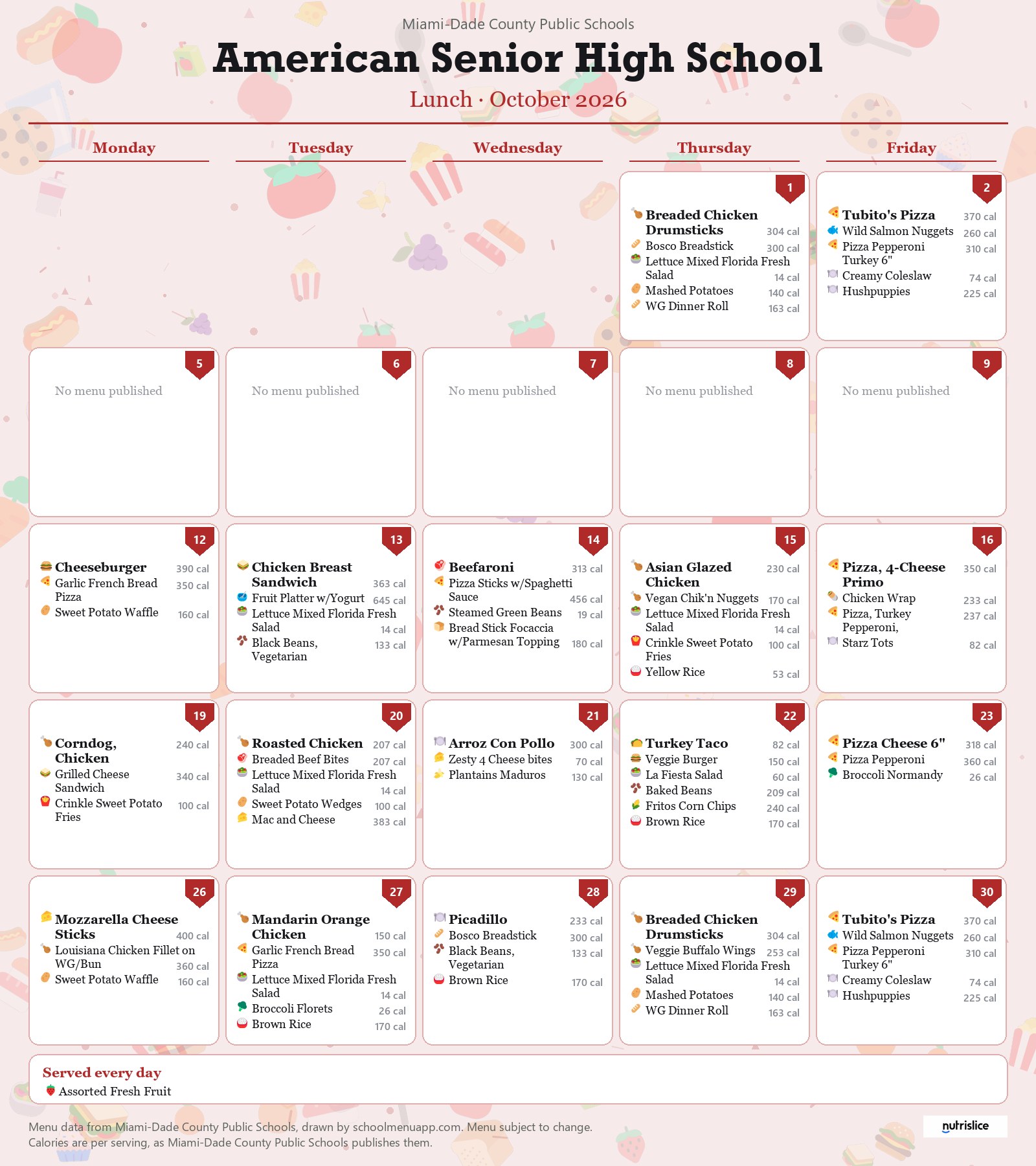 American Senior High School lunch menu for October 2026 &mdash; Miami-Dade County Public Schools