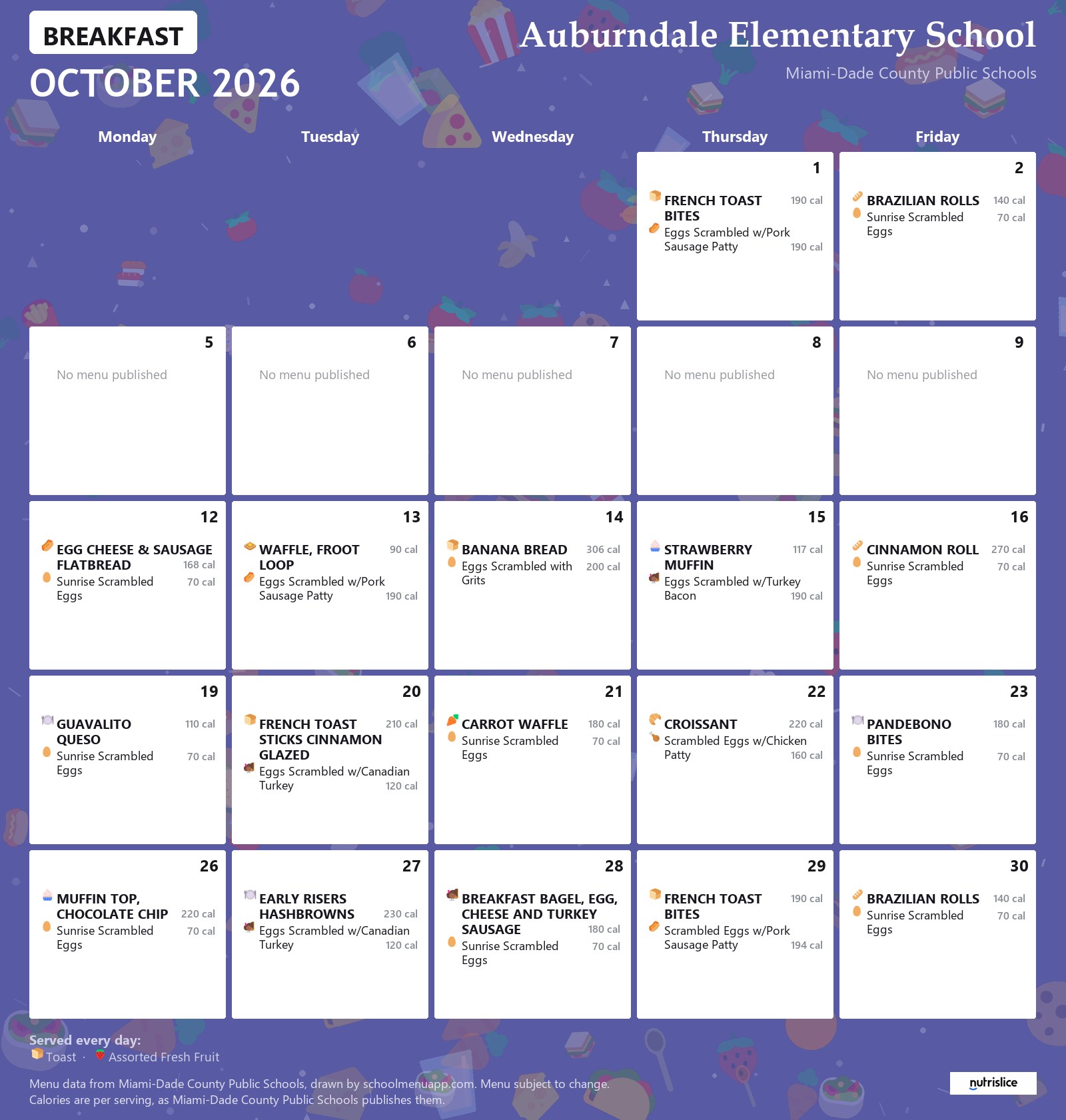 Auburndale Elementary School breakfast menu for October 2026 &mdash; Miami-Dade County Public Schools