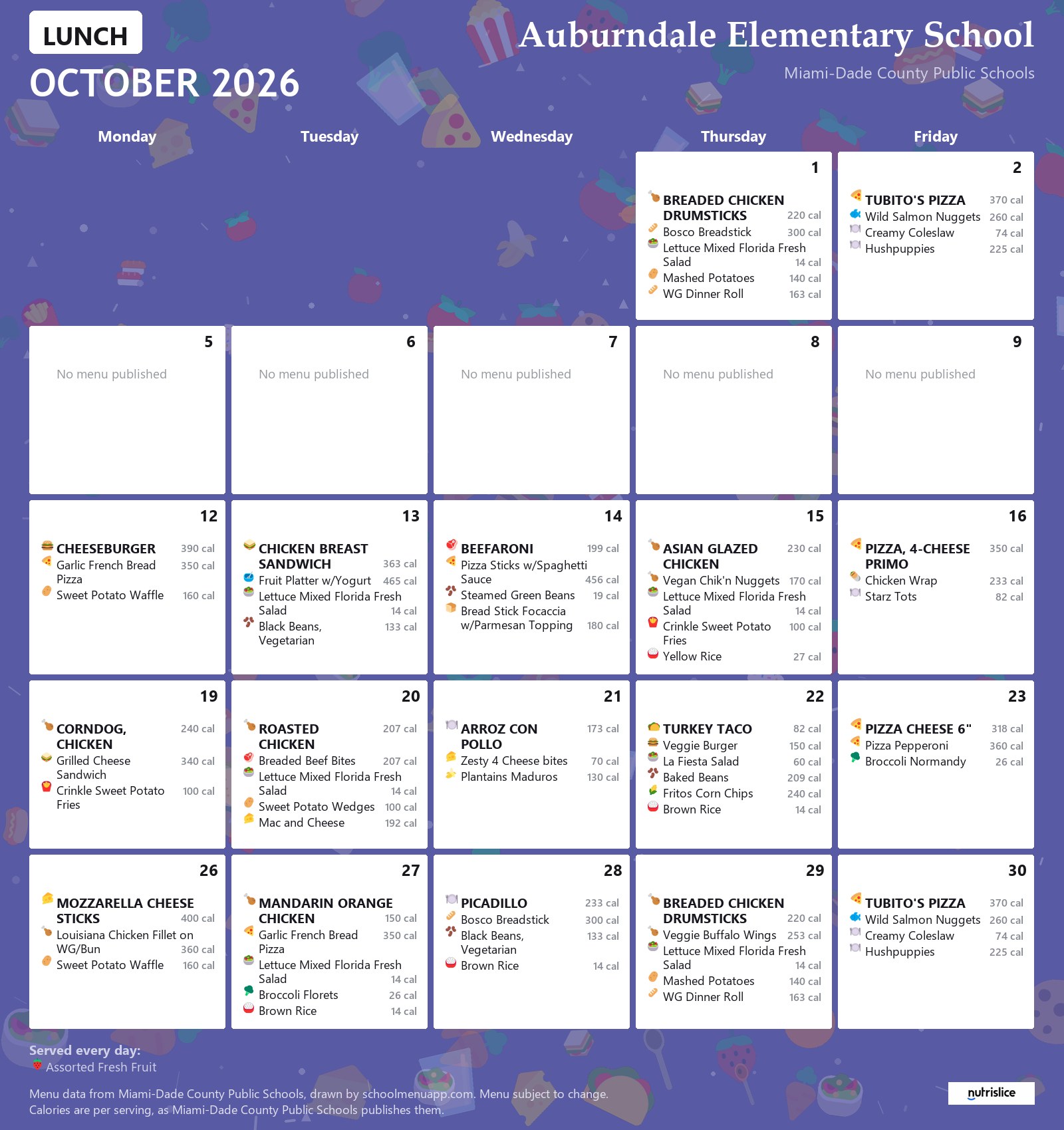 Auburndale Elementary School lunch menu for October 2026 &mdash; Miami-Dade County Public Schools
