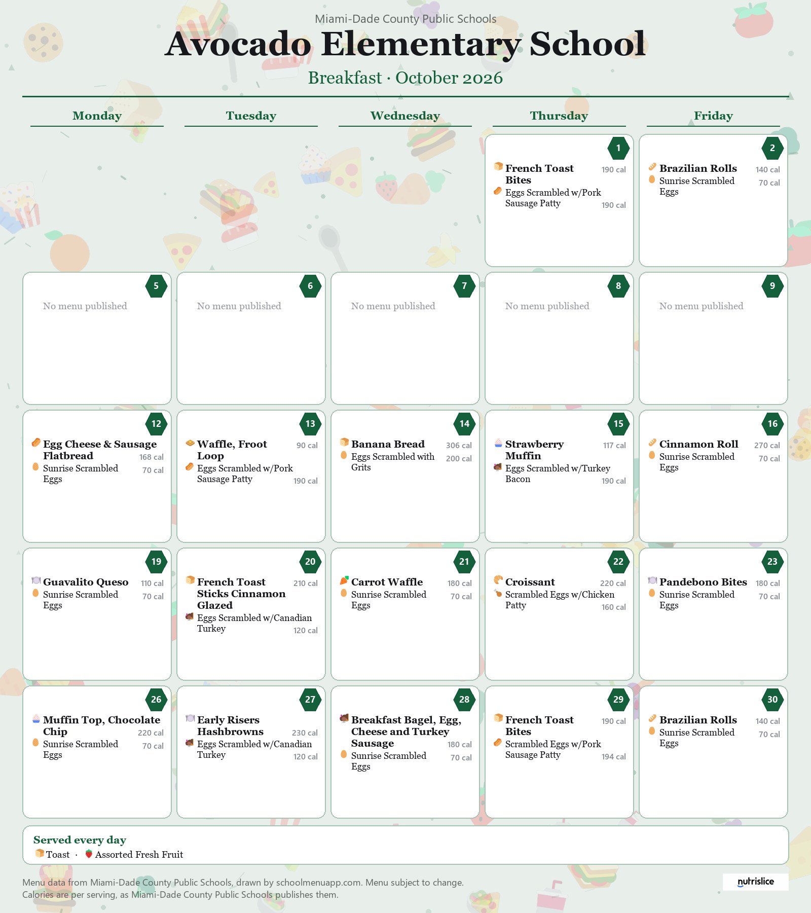 Avocado Elementary School breakfast menu for October 2026 &mdash; Miami-Dade County Public Schools