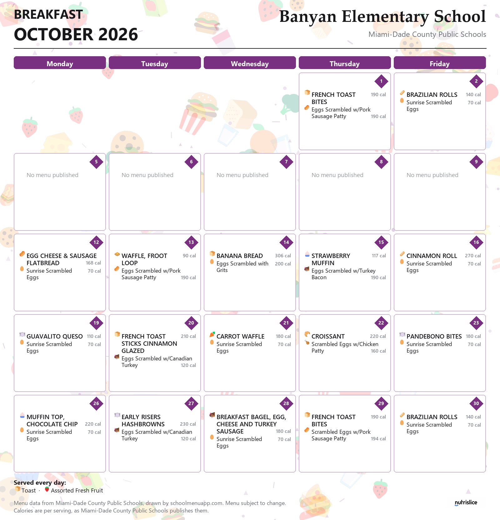 Banyan Elementary School breakfast menu for October 2026 &mdash; Miami-Dade County Public Schools