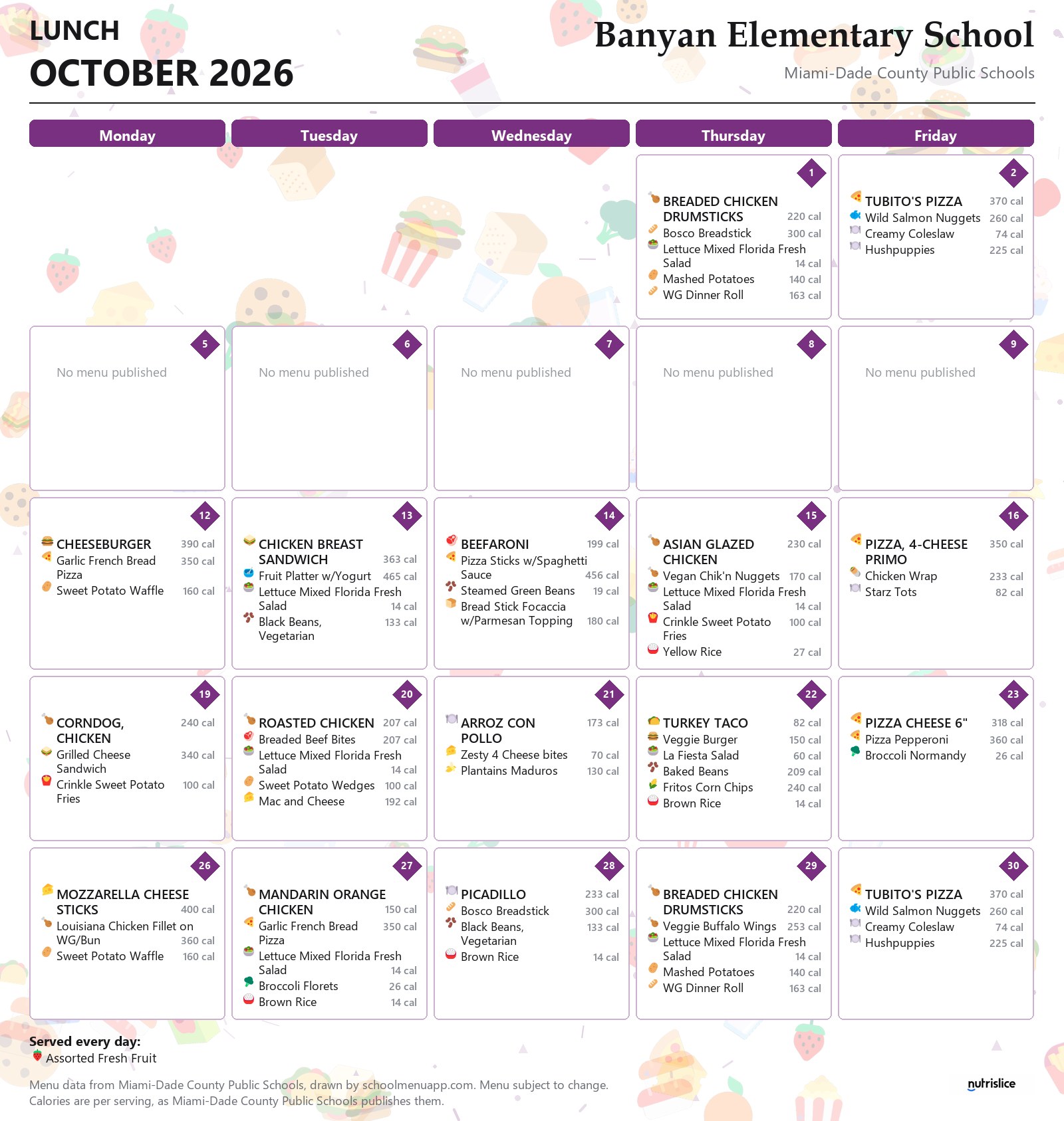 Banyan Elementary School lunch menu for October 2026 &mdash; Miami-Dade County Public Schools