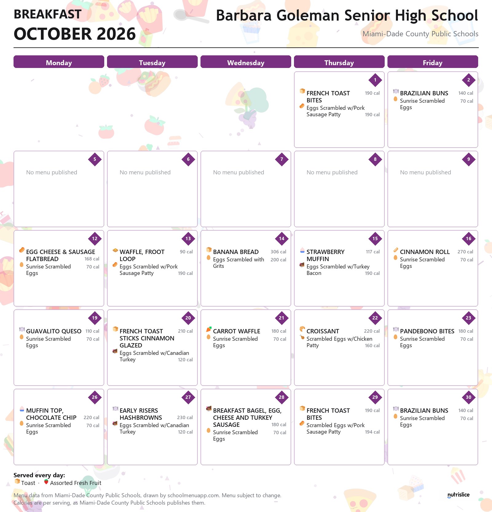 Barbara Goleman Senior High School breakfast menu for October 2026 &mdash; Miami-Dade County Public Schools