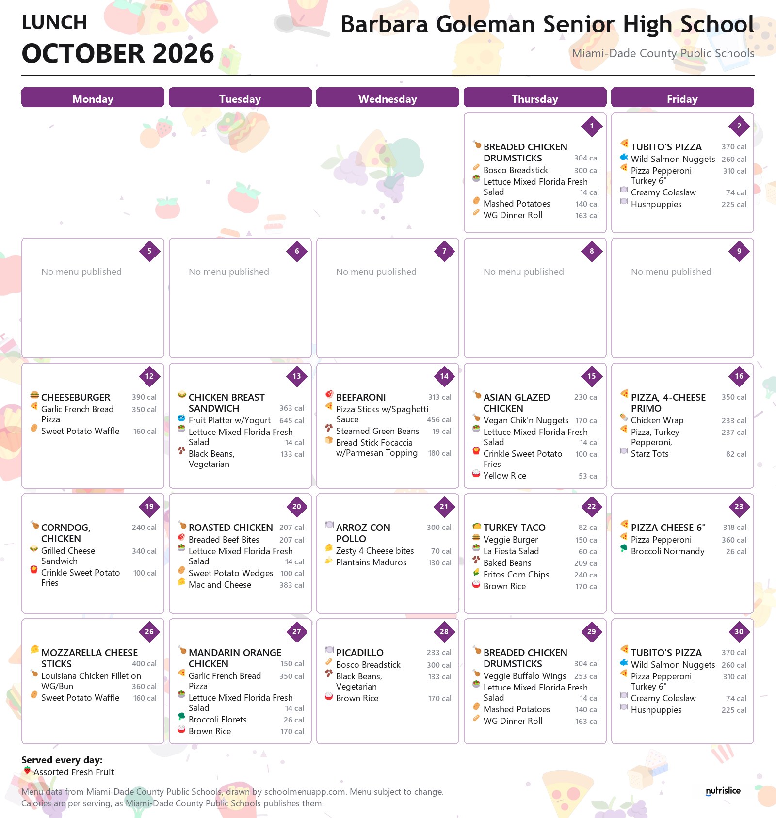 Barbara Goleman Senior High School lunch menu for October 2026 &mdash; Miami-Dade County Public Schools