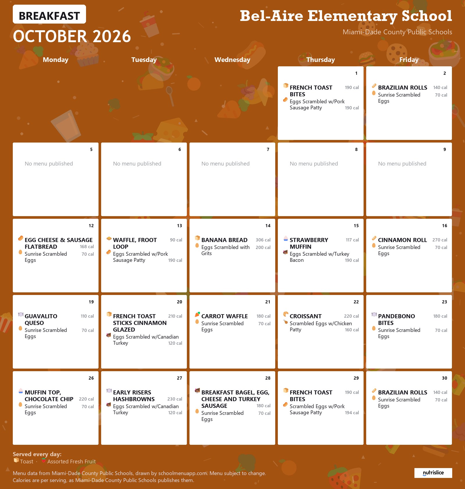 Bel-Aire Elementary School breakfast menu for October 2026 &mdash; Miami-Dade County Public Schools