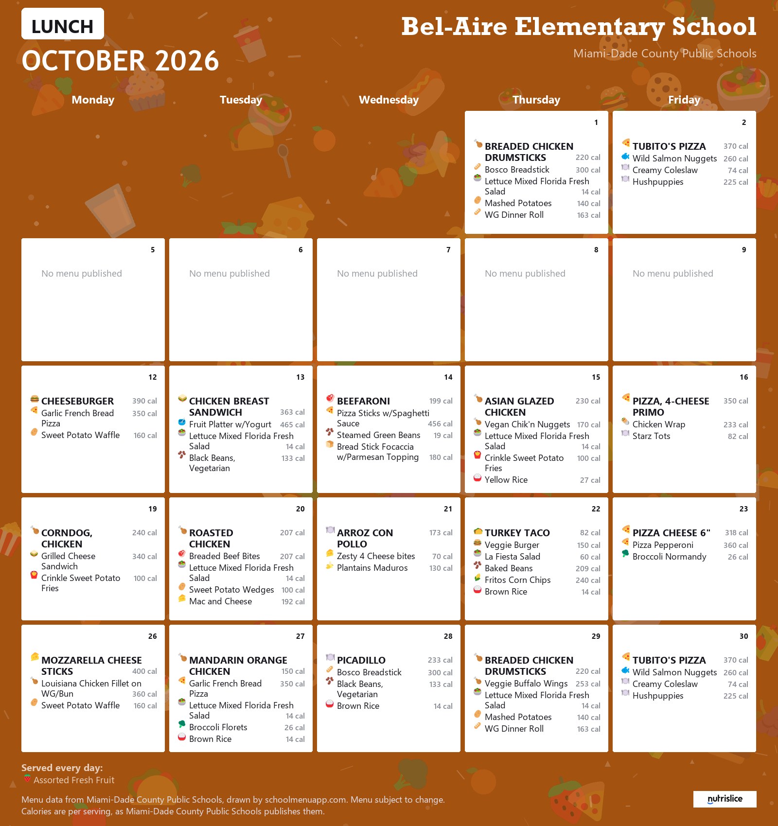 Bel-Aire Elementary School lunch menu for October 2026 &mdash; Miami-Dade County Public Schools