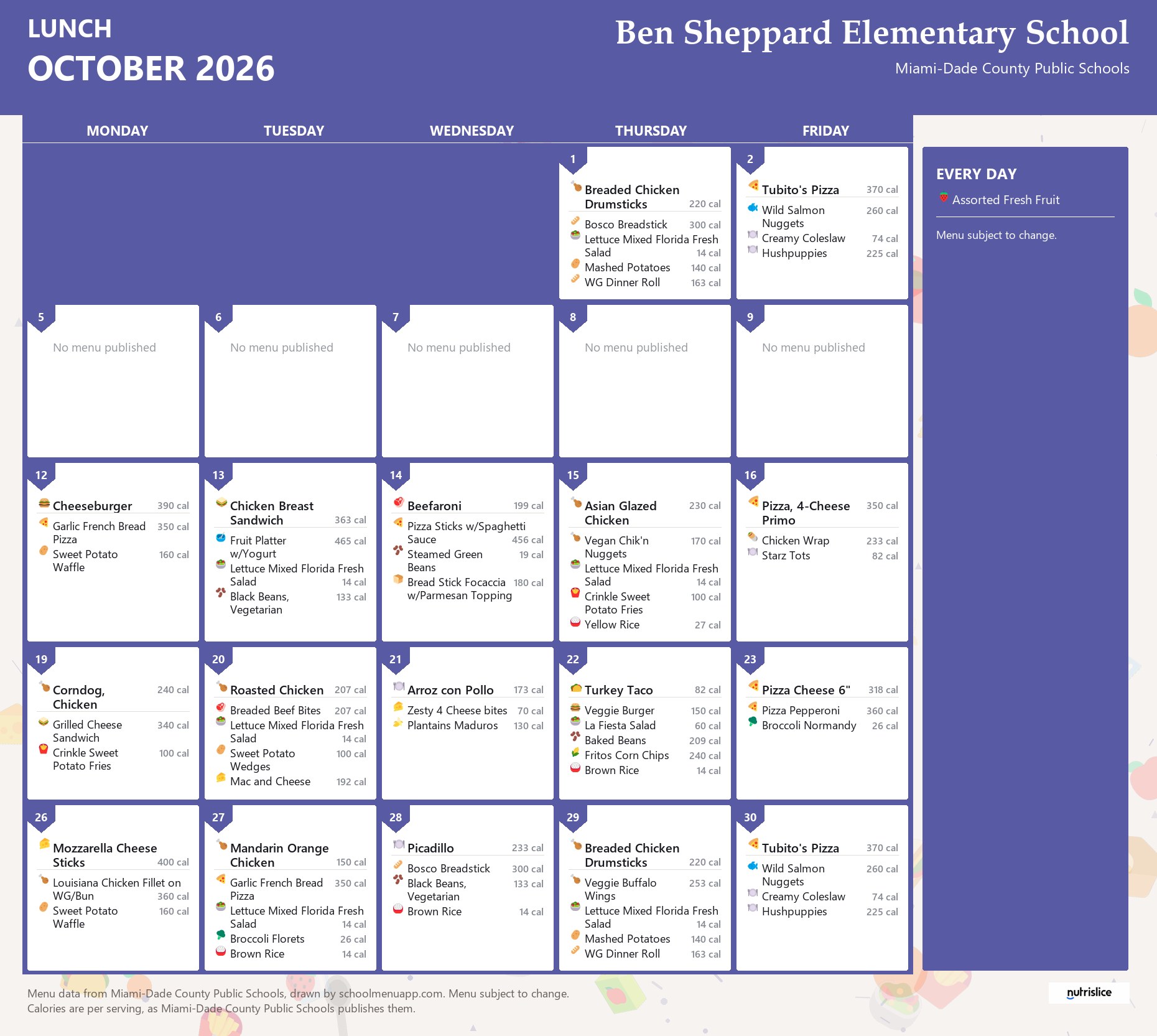 Ben Sheppard Elementary School lunch menu for October 2026 &mdash; Miami-Dade County Public Schools